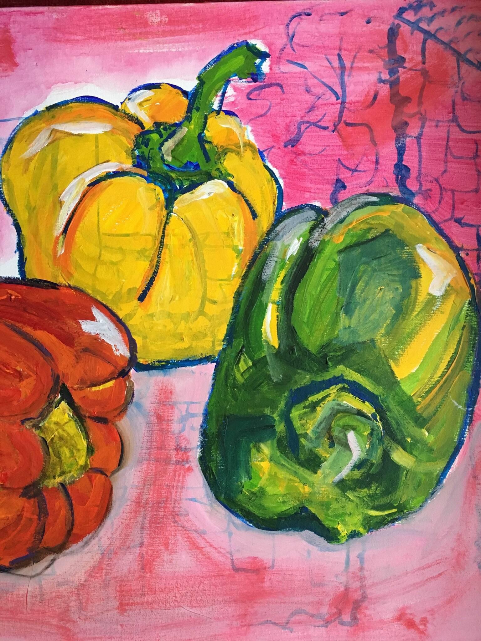 Red, Yellow & Green Peppers, Still Life, British Artist 1