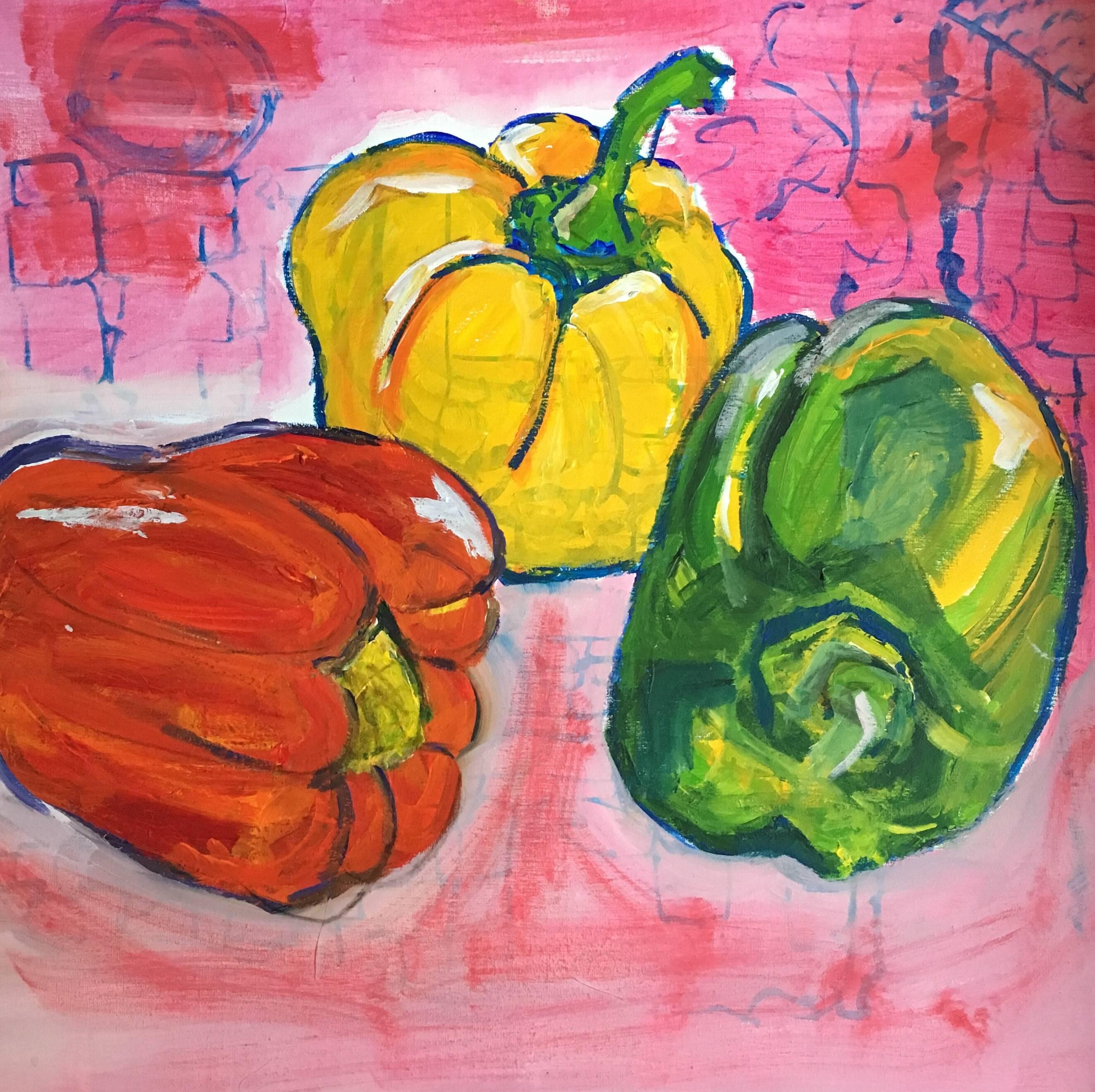 Pamela Cawley Interior Painting - Red, Yellow & Green Peppers, Still Life, British Artist