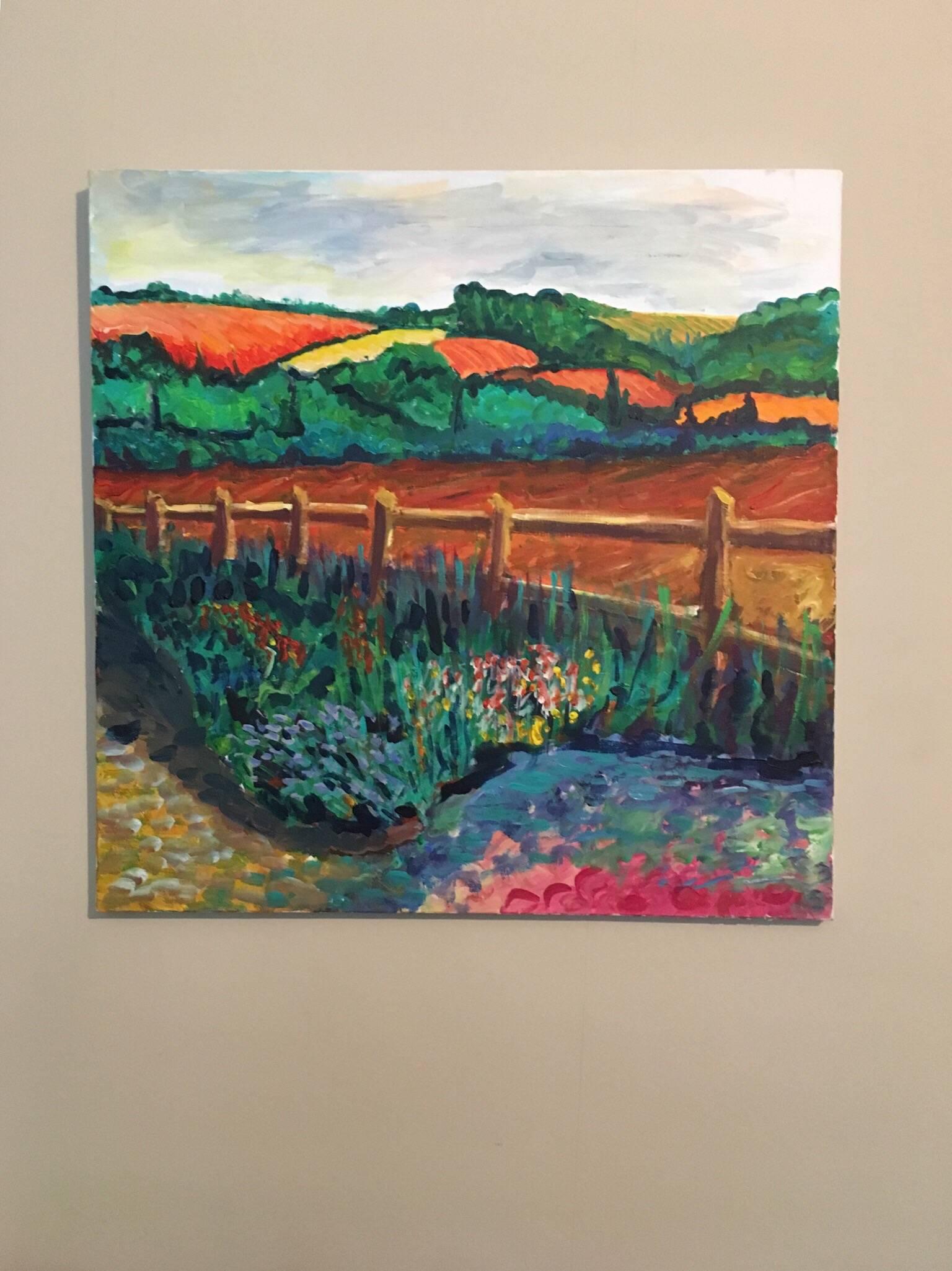 Rolling Fields, Colourful Landscape, British Artist - Painting by Pamela Cawley