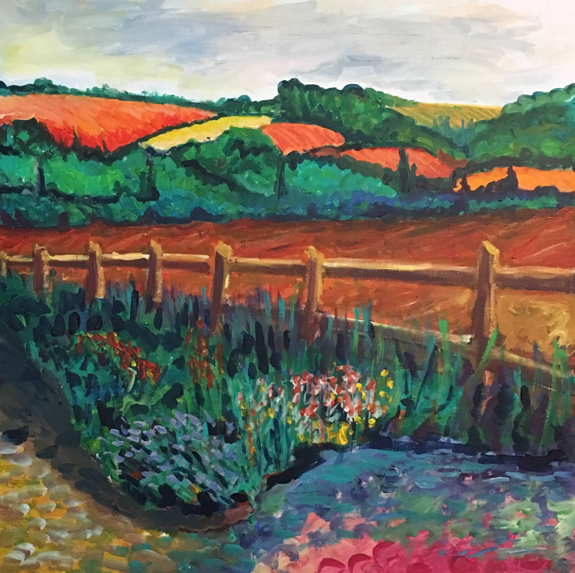 Pamela Cawley Landscape Painting - Rolling Fields, Colourful Landscape, British Artist