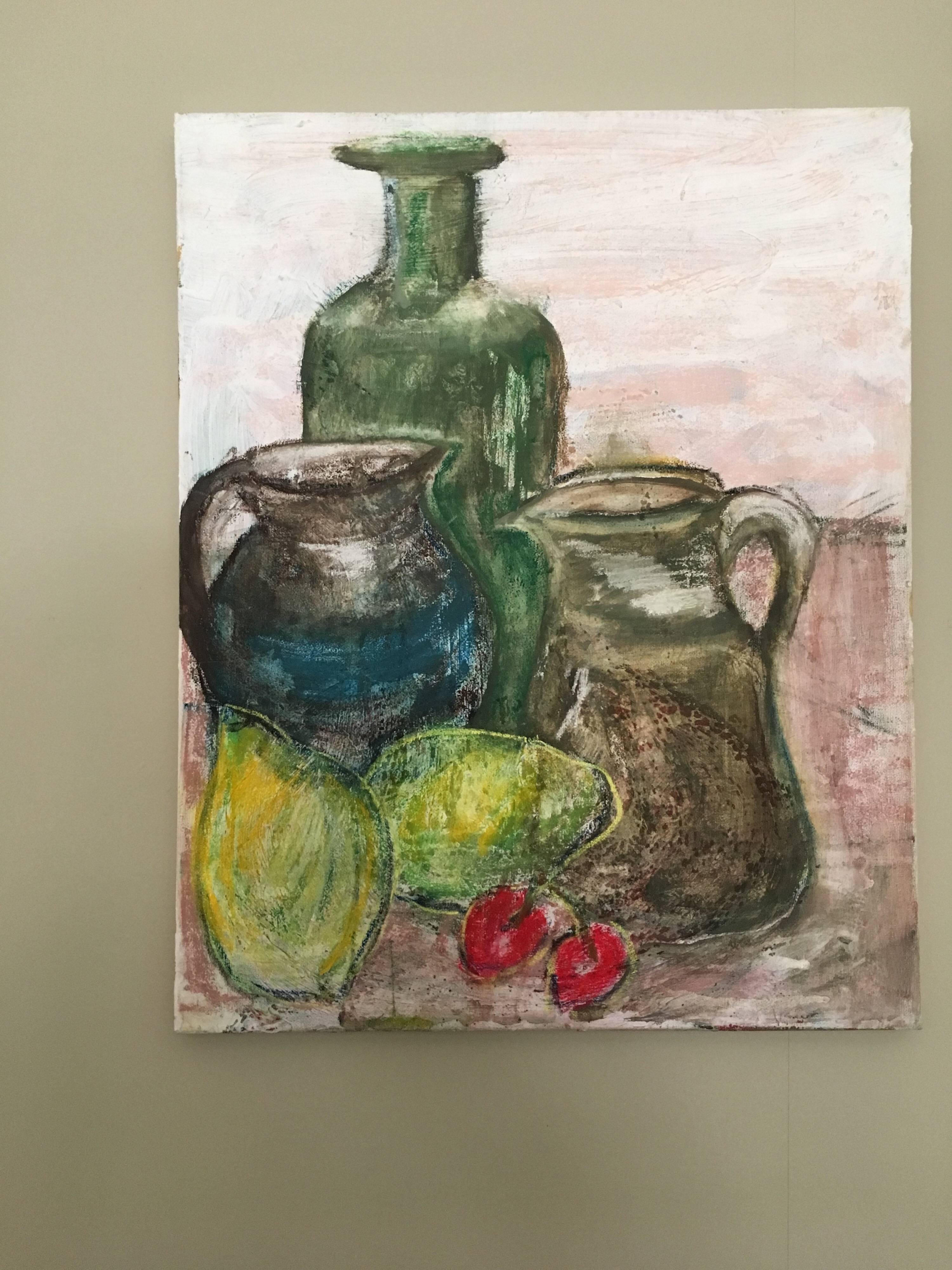 Weichgrünes impressionistisches Stillleben, Ölgemälde, Gemälde in gedämpften Farben – Painting von Pamela Cawley