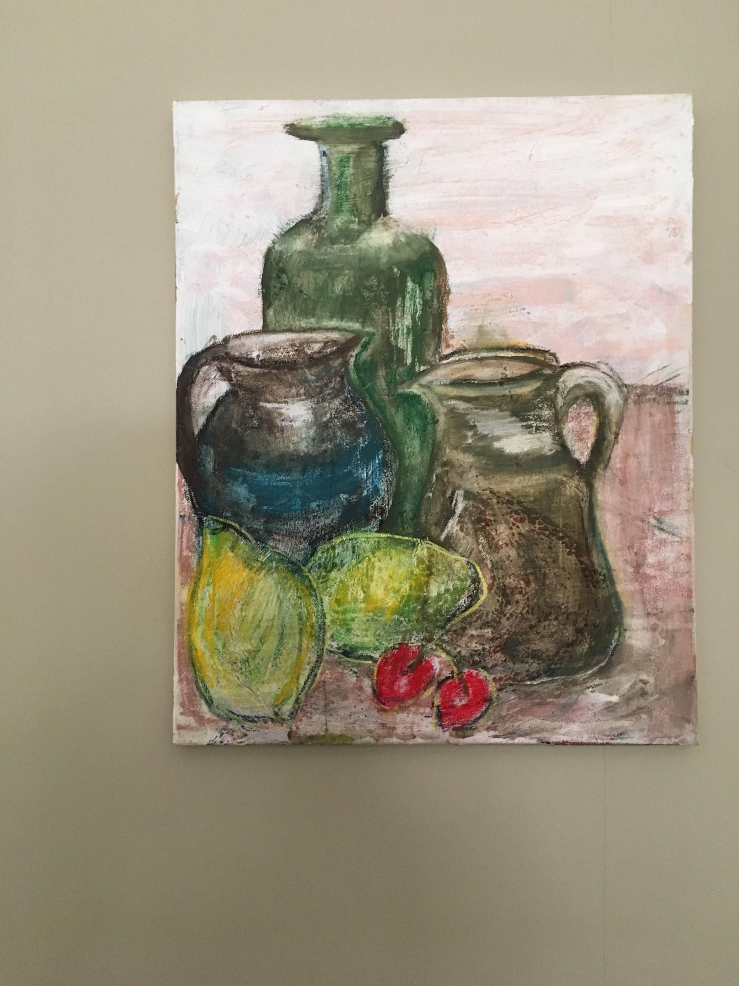 Weichgrünes impressionistisches Stillleben, Ölgemälde, Gemälde in gedämpften Farben (Impressionismus), Painting, von Pamela Cawley