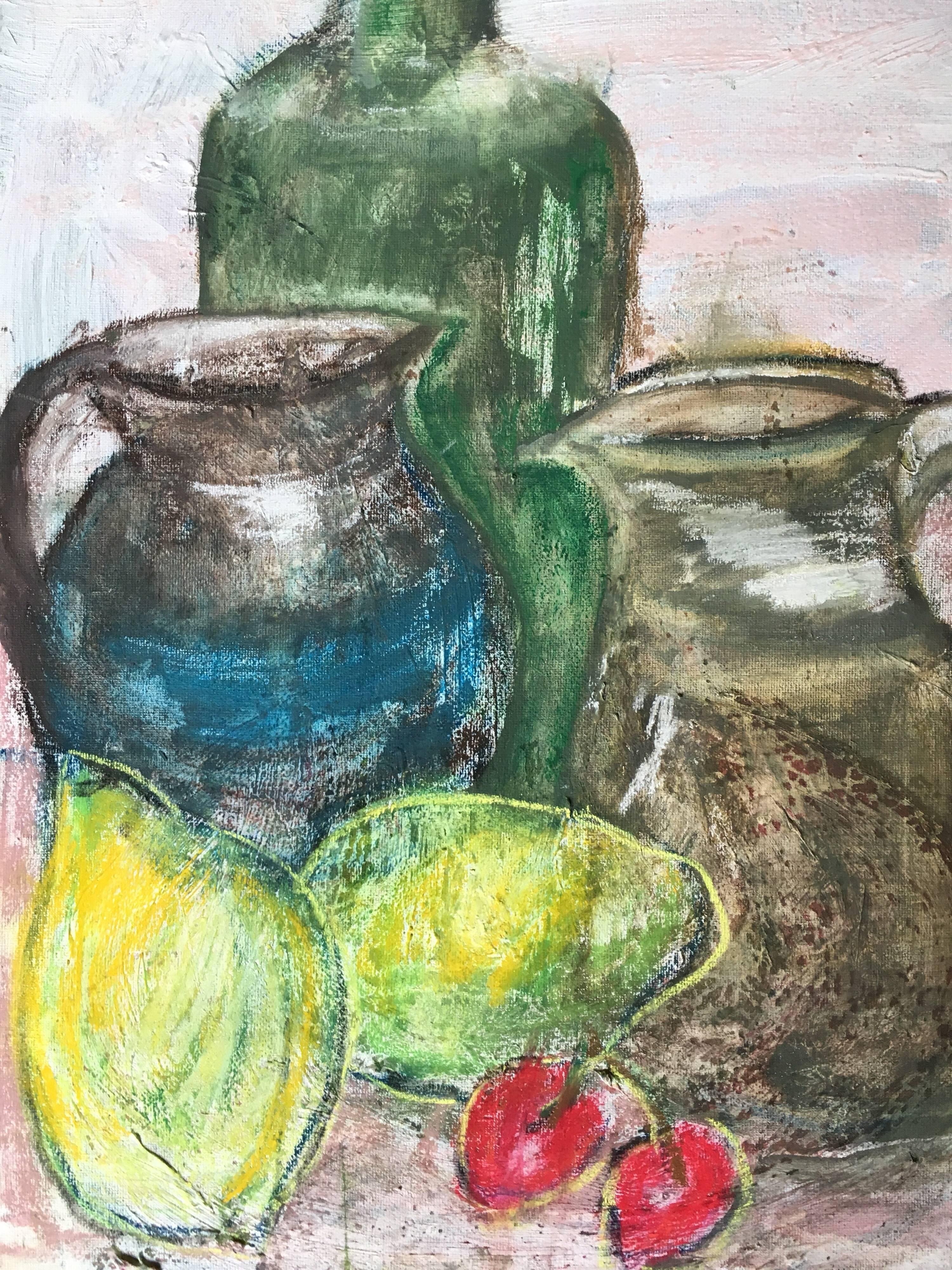 Soft Greens Impressionist Still Life, Oil Painting, Muted Colours - Beige Still-Life Painting by Pamela Cawley