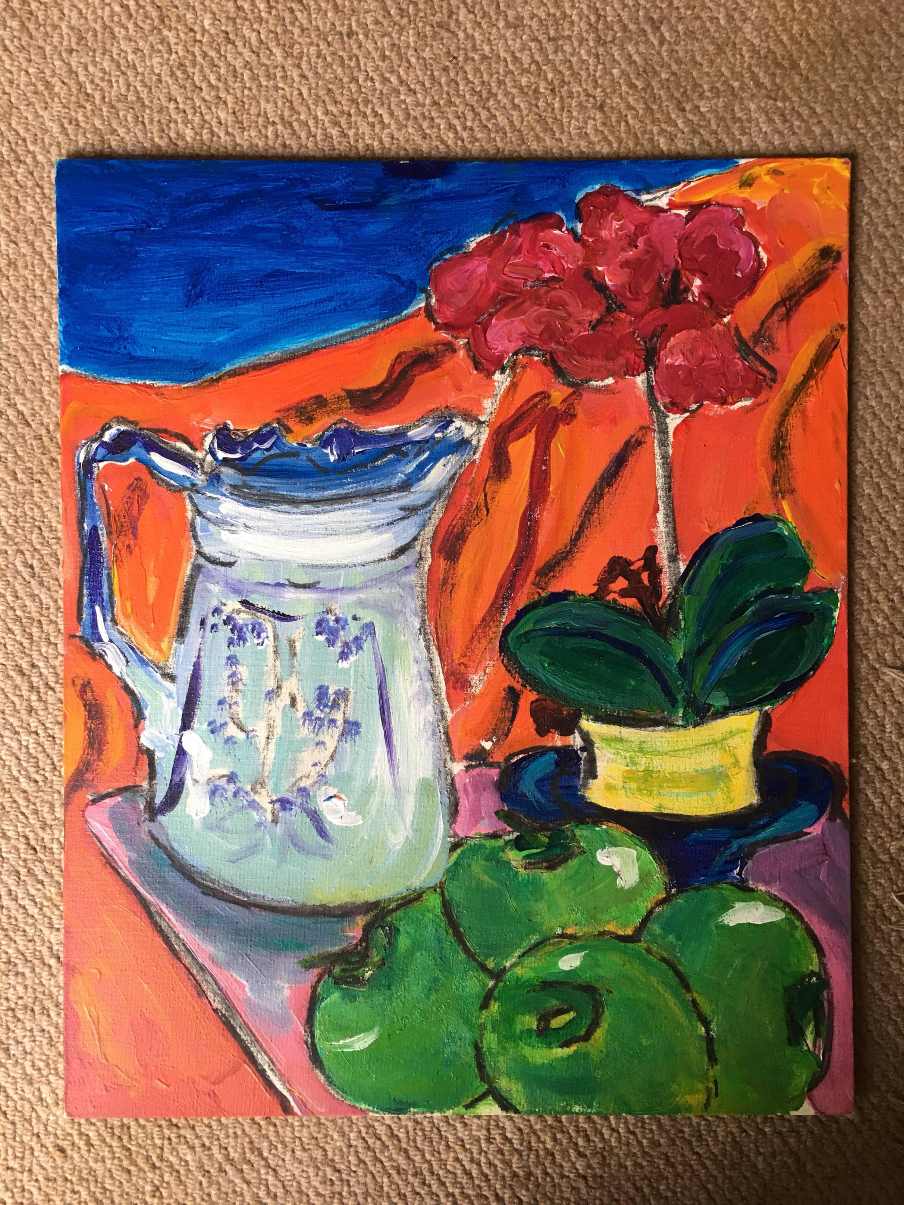 Stillleben, Obst, Blumen und klassischer Krug, farbenfrohes Ölgemälde – Painting von Pamela Cawley