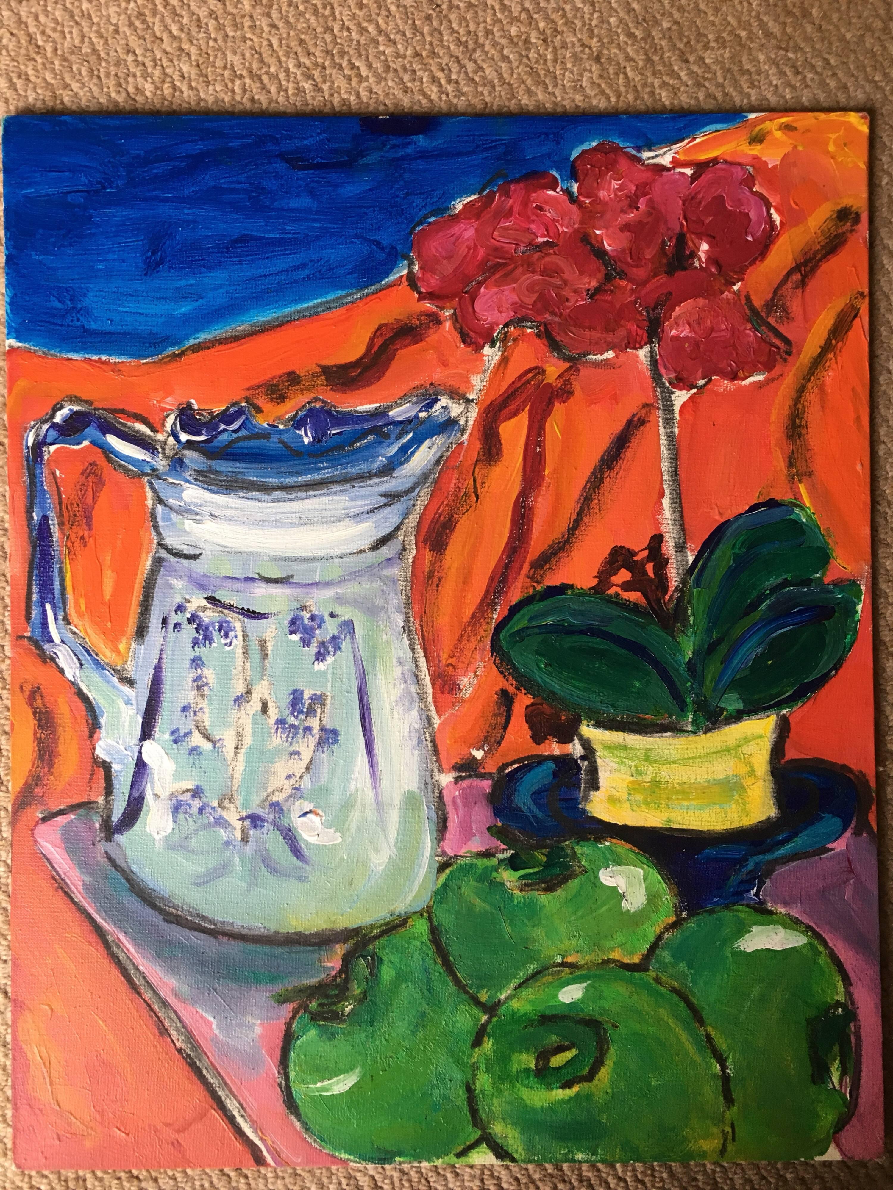Stillleben, Obst, Blumen und klassischer Krug, farbenfrohes Ölgemälde (Impressionismus), Painting, von Pamela Cawley