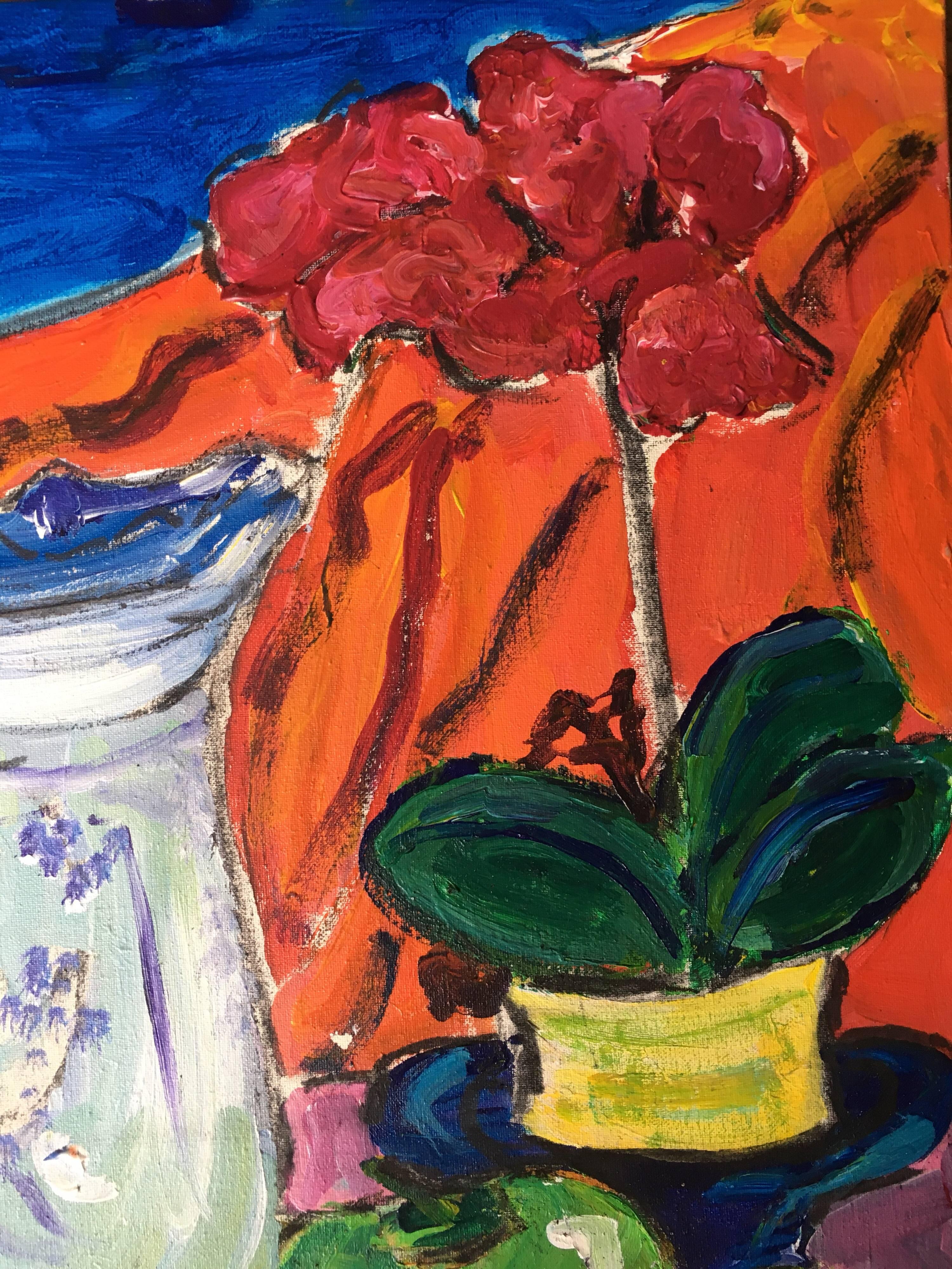 Stillleben, Obst, Blumen und klassischer Krug, farbenfrohes Ölgemälde
von Pamela Cawley, Britin, 20. Jahrhundert
ölgemälde auf Karton, ungerahmt
brett: 18 x 15 Zoll 

Beeindruckendes originales impressionistisches Ölgemälde der britischen Künstlerin