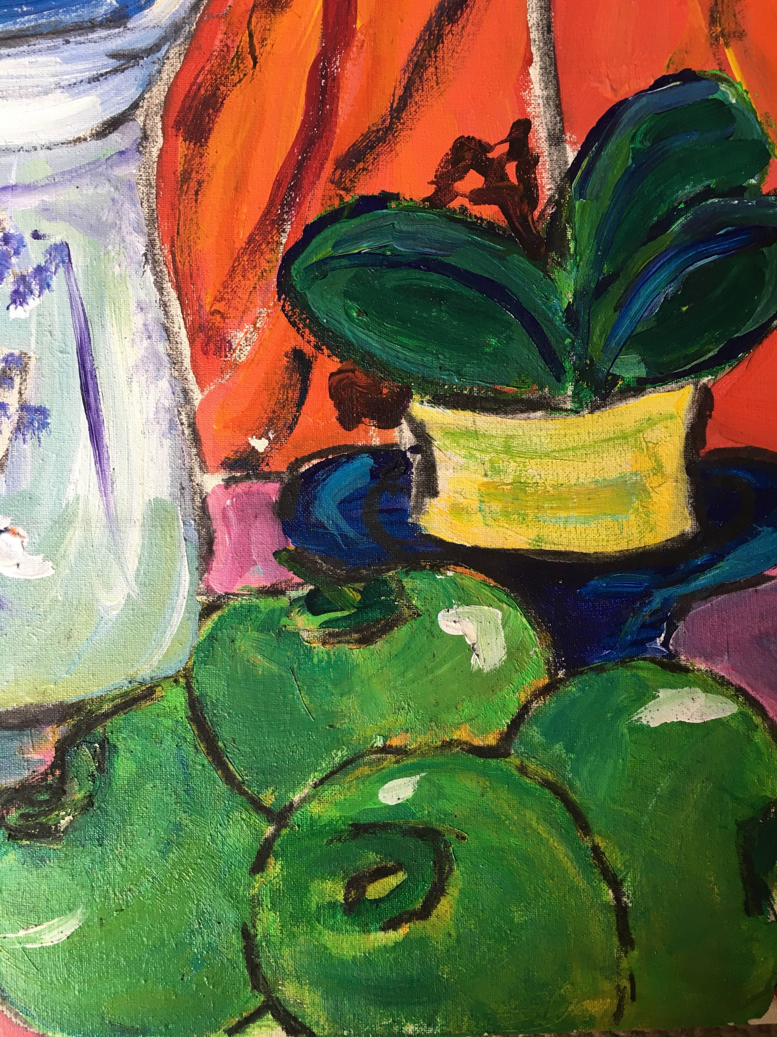 Nature morte, fruits, fleurs et cruche classique, peinture à l'huile colorée en vente 1