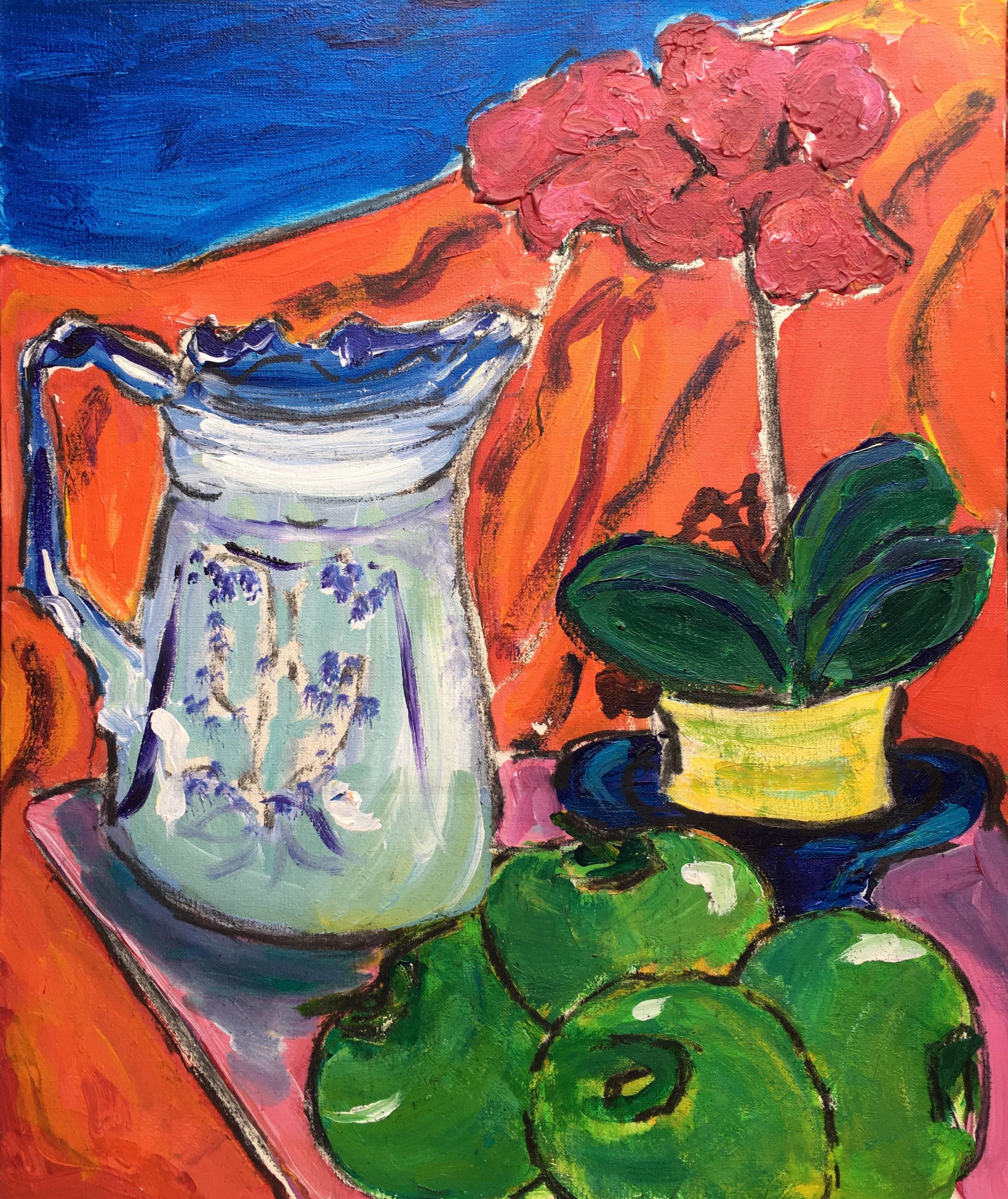 Landscape Painting Pamela Cawley - Nature morte, fruits, fleurs et cruche classique, peinture à l'huile colorée