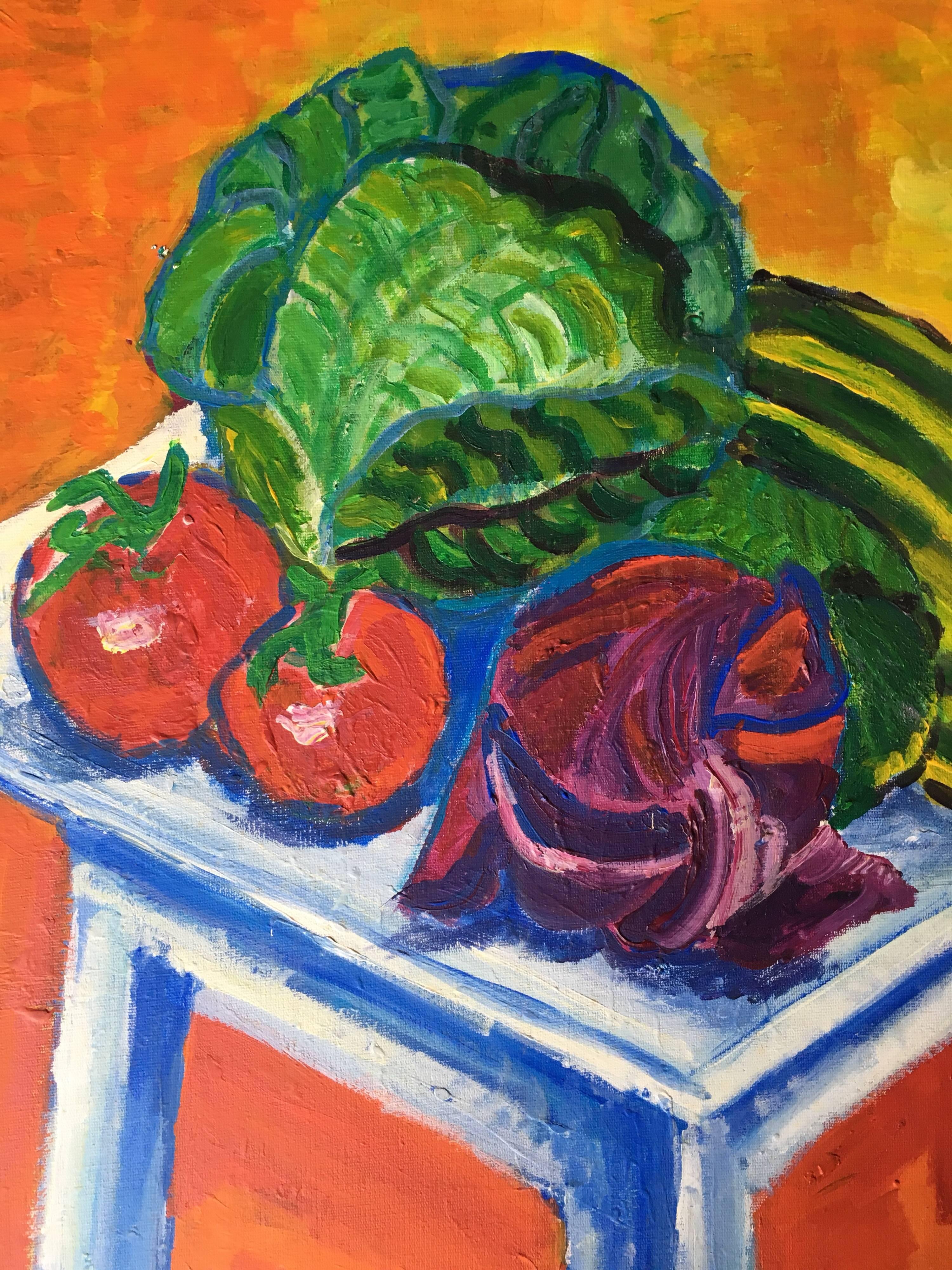 Stillleben mit genähten Gemüse, Ölgemälde – Painting von Pamela Cawley