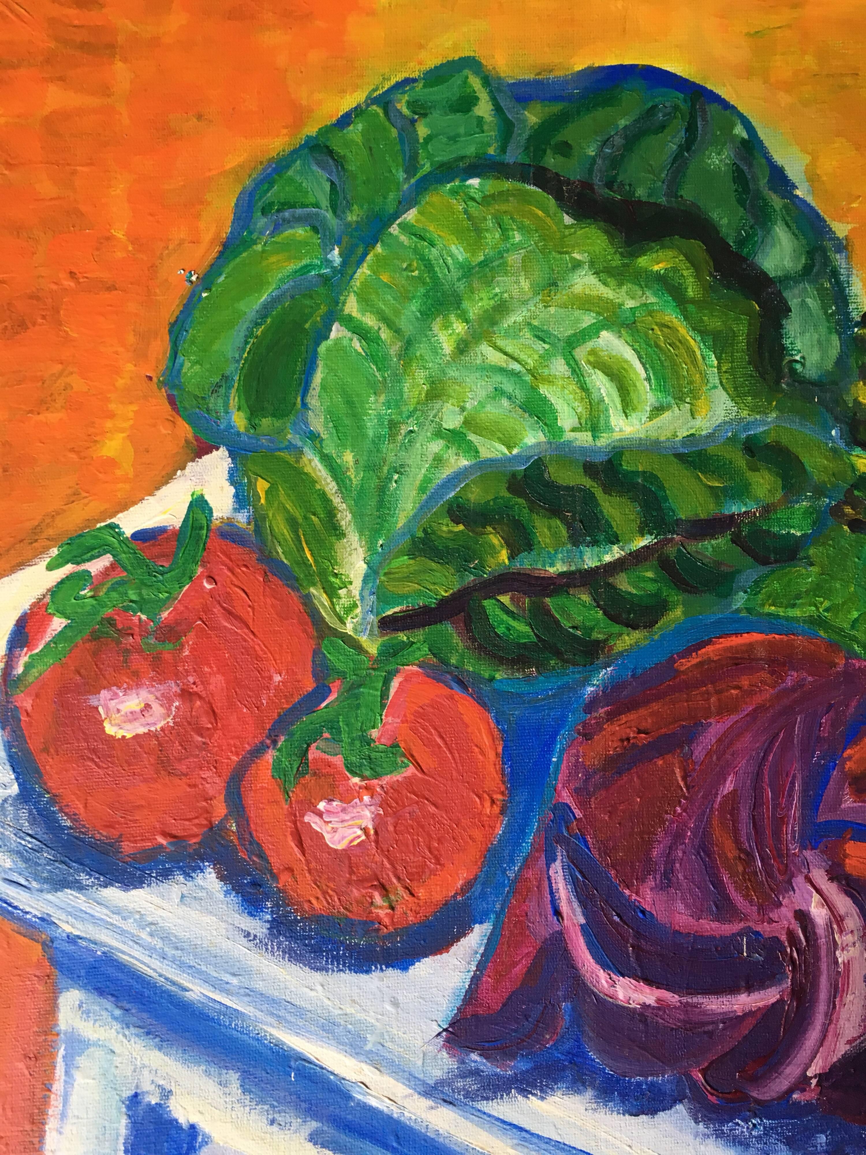 Stillleben mit genähten Gemüse, Ölgemälde (Orange), Still-Life Painting, von Pamela Cawley