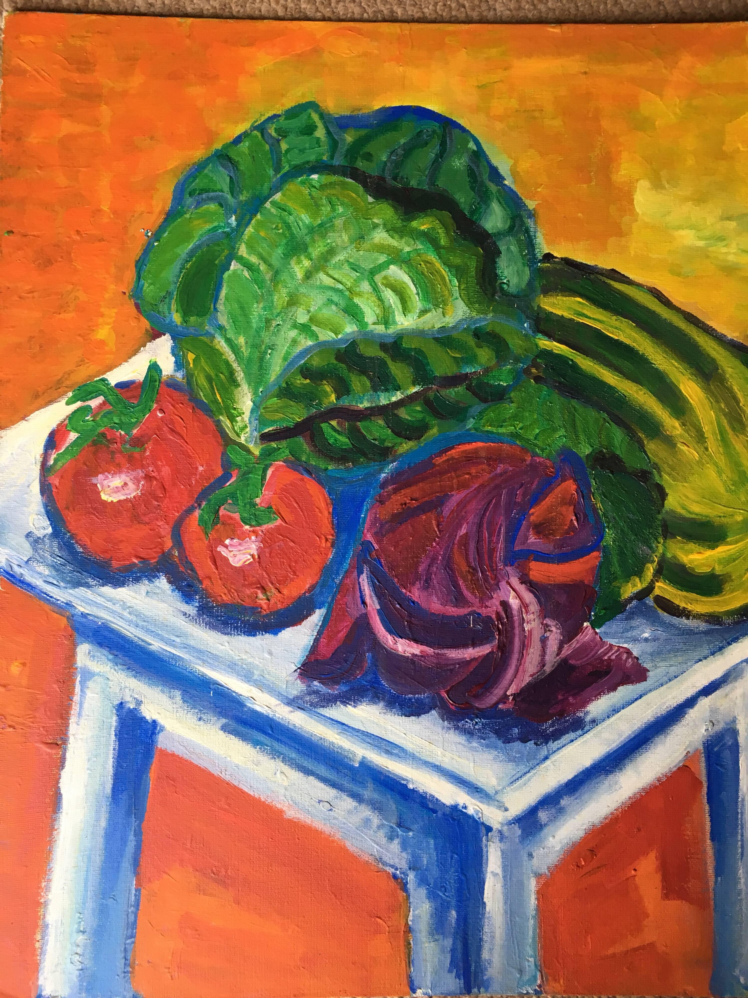 Still Life of Homegrown Vegetables, Oil Painting - Orange Still-Life Painting by Pamela Cawley