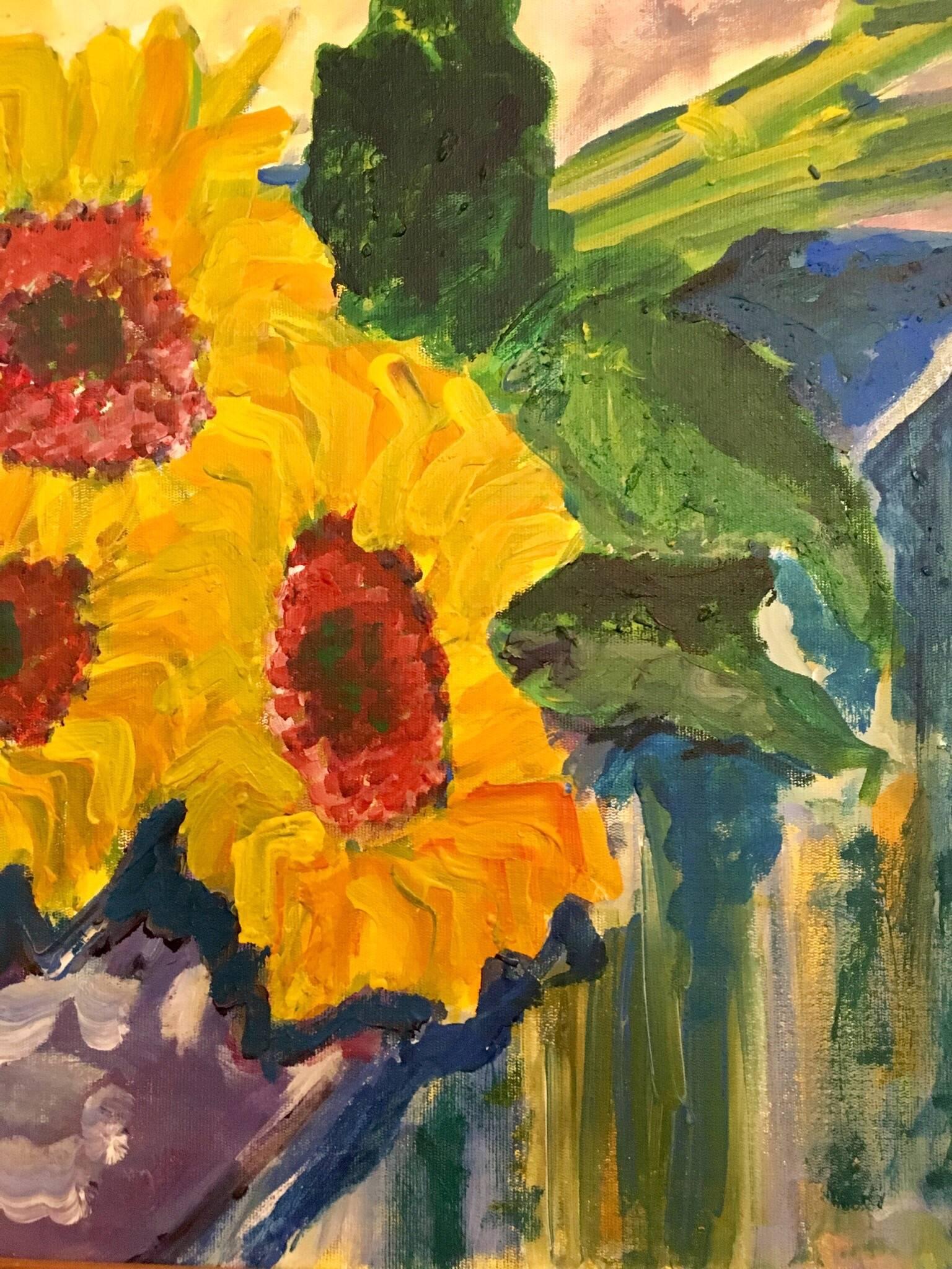 Sunflowers and Red Wine, Still Life, British Artist - Painting by Pamela Cawley