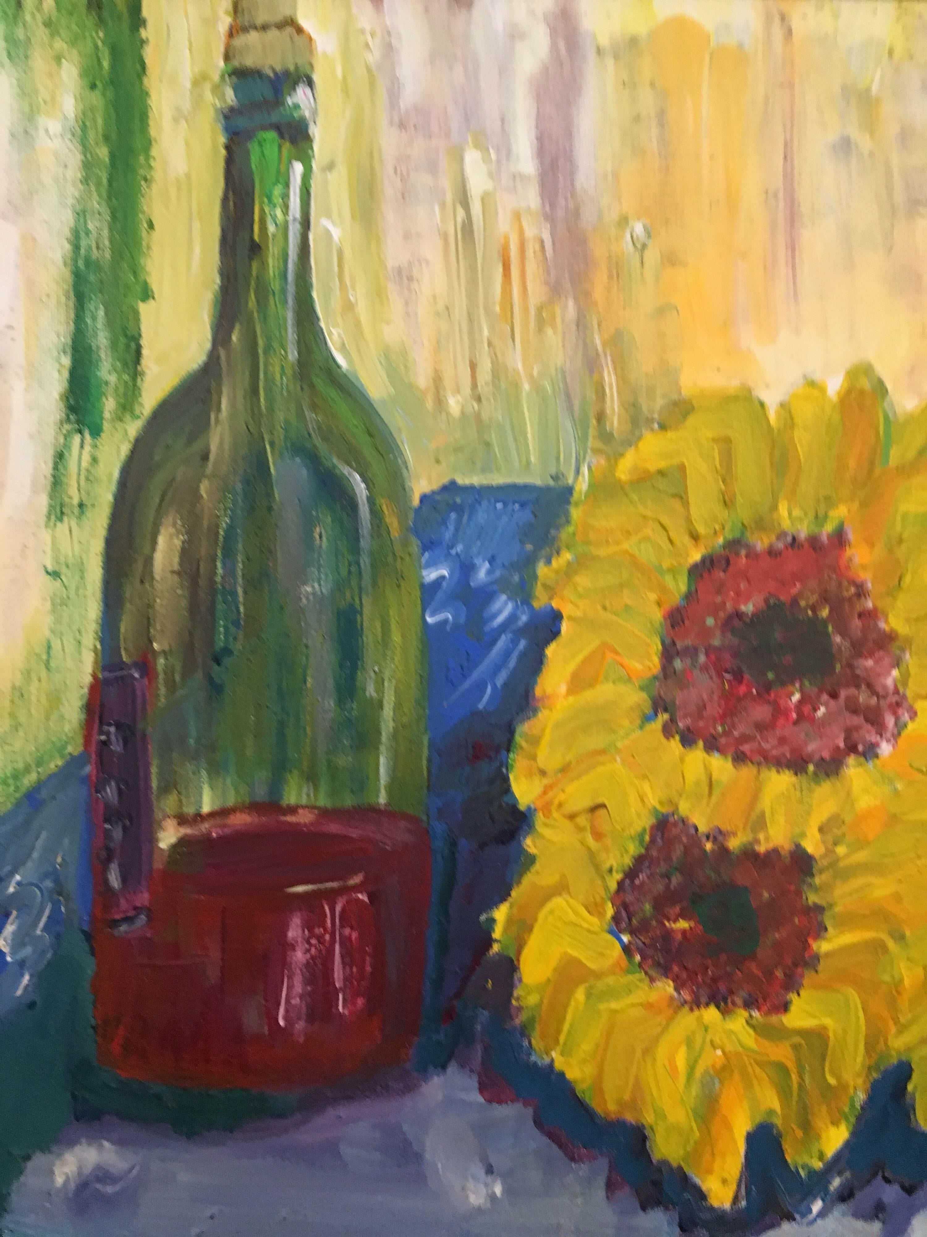 Sunflowers and Red Wine, Still Life, British Artist - Impressionist Painting by Pamela Cawley