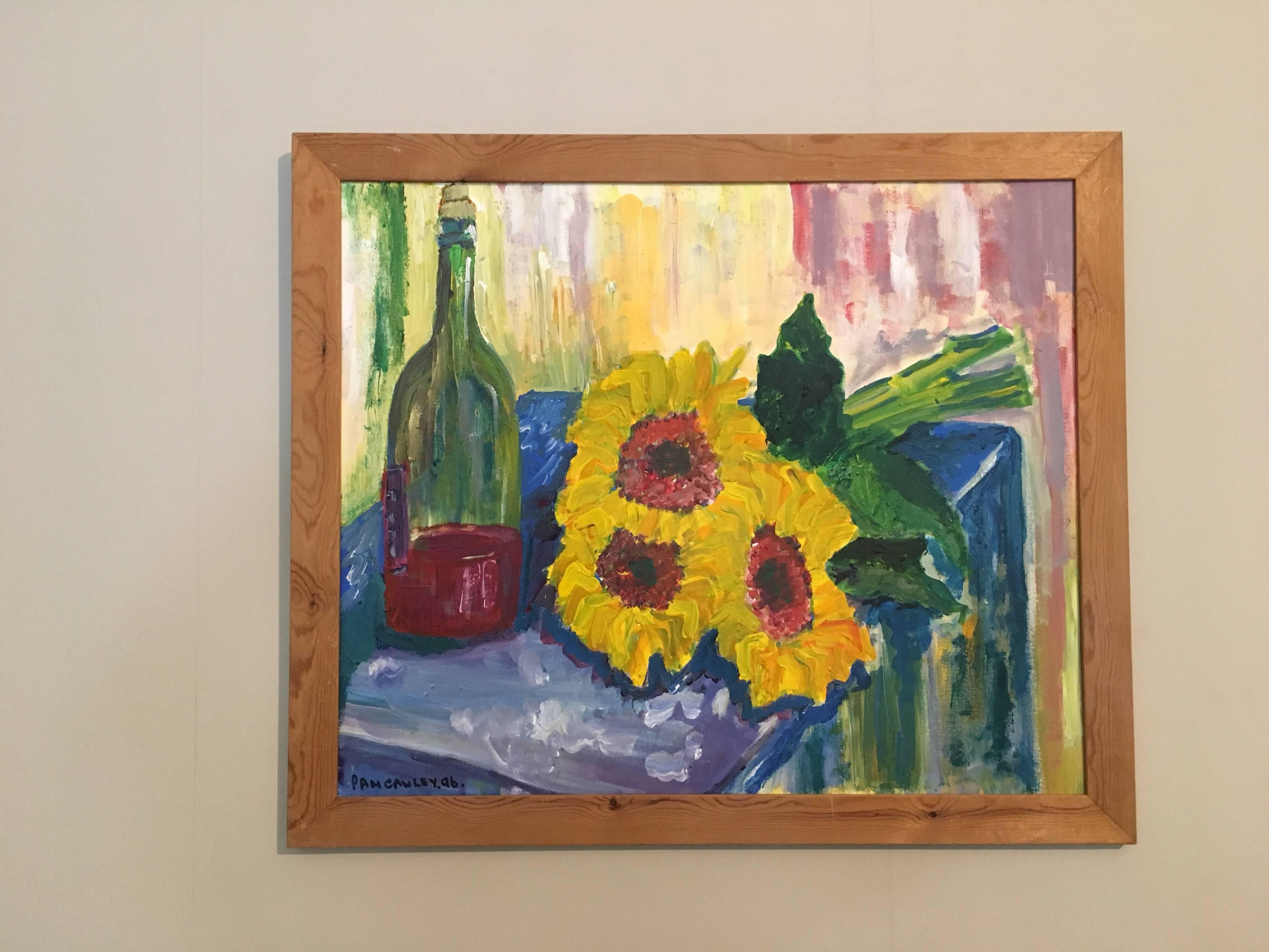 Sunflowers and Red Wine, Still Life, British Artist
by Pamela Cawley, British 20th century
oil painting on board, framed
22.5 x 26.5 inches 

Stunning original Impressionist oil painting by the 20th century British artist, Pamela Cawley. The work