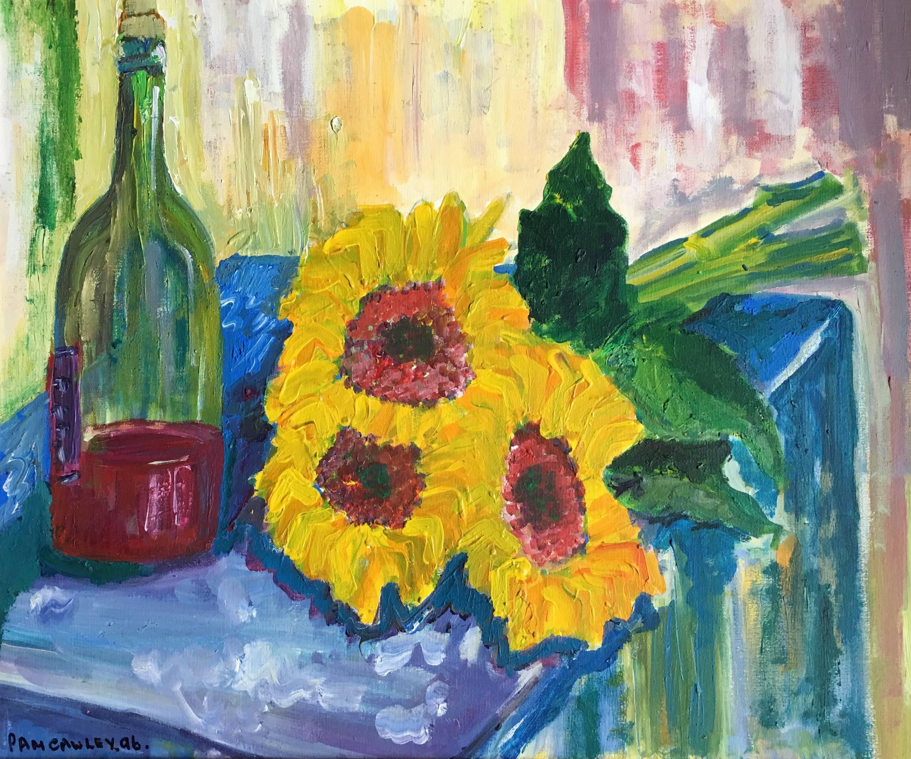 Pamela Cawley Figurative Painting - Sunflowers and Red Wine, Still Life, British Artist