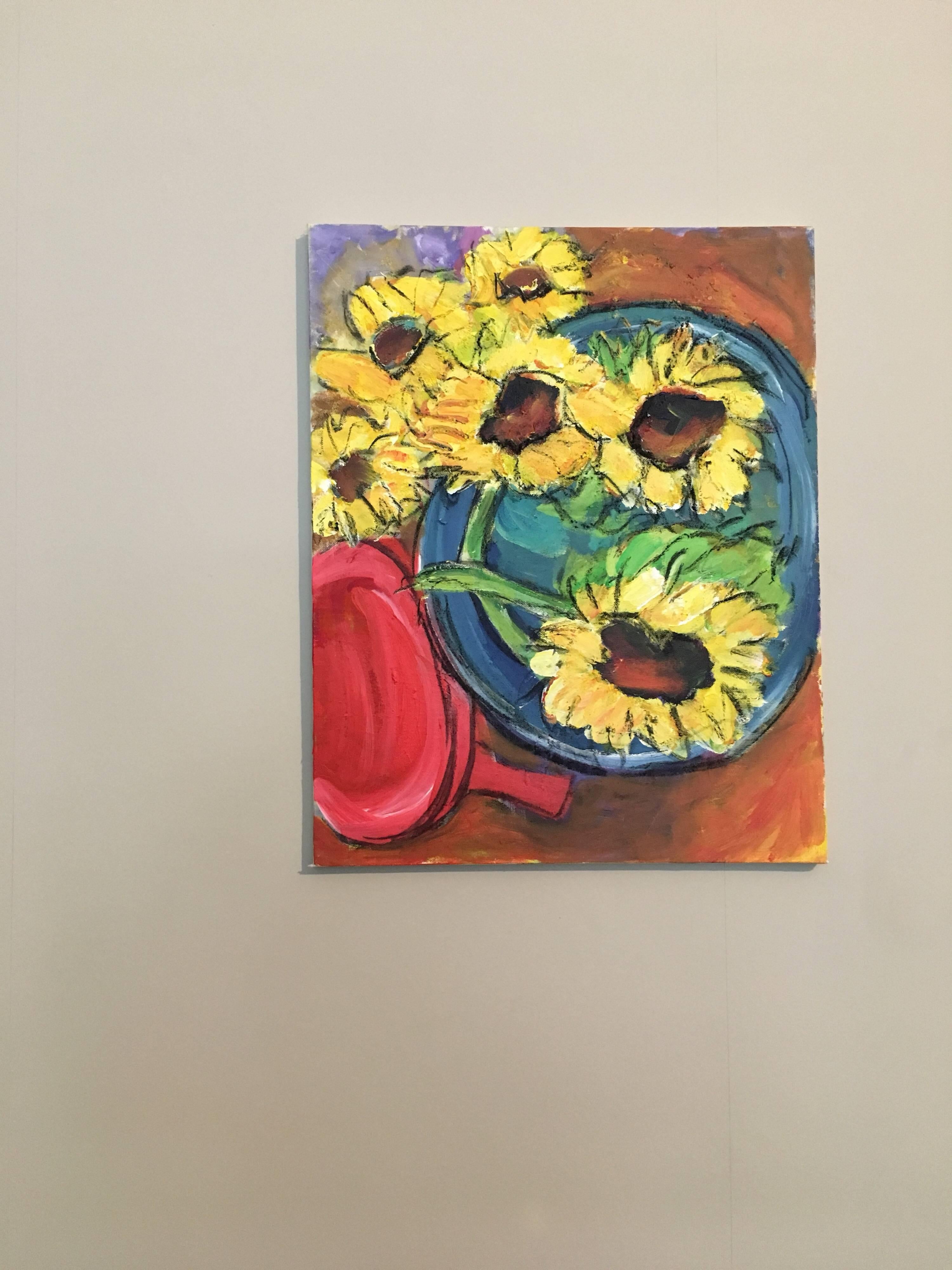 Sunflowers Close Up, Stillleben, Ölgemälde – Painting von Pamela Cawley