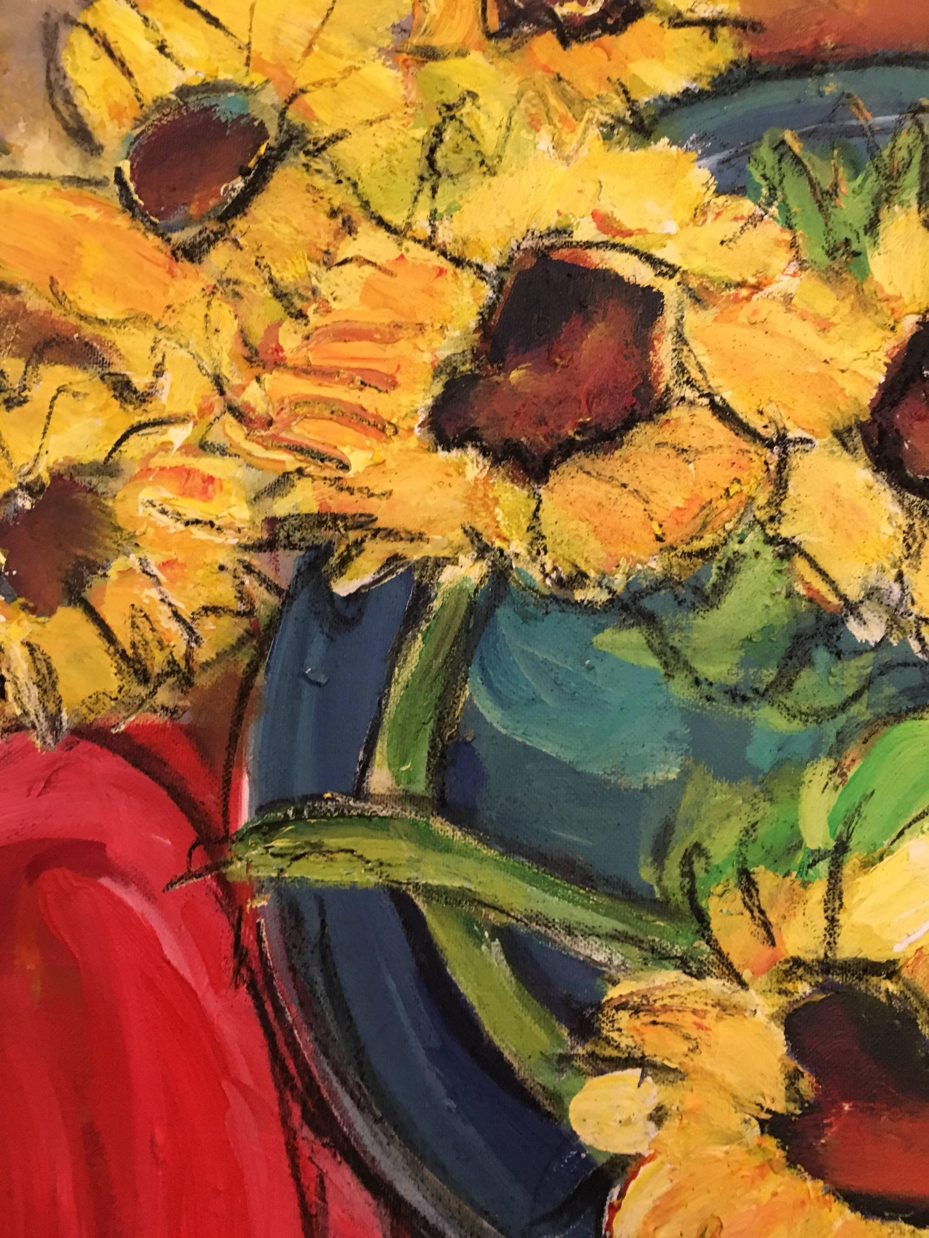 Sunflowers Close Up, Stillleben, Ölgemälde (Braun), Landscape Painting, von Pamela Cawley
