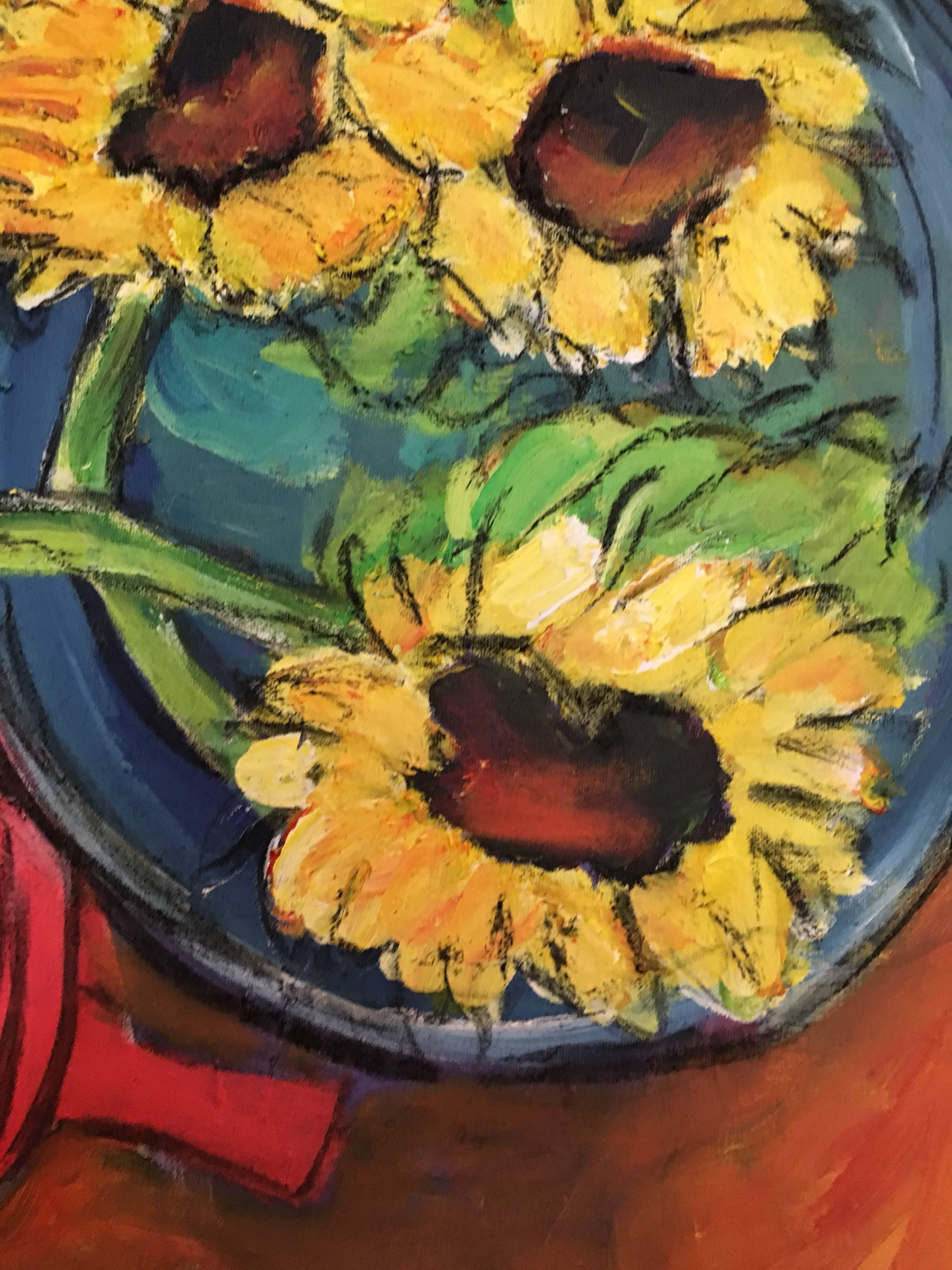 Sonnenblumen Nahaufnahme, Stillleben, Ölgemälde
von Pamela Cawley, Britin, 20. Jahrhundert
ölgemälde auf Leinwand, ungerahmt
leinwand: 20 x 16 Zoll 

Beeindruckendes originales impressionistisches Ölgemälde der britischen Künstlerin Pamela Cawley