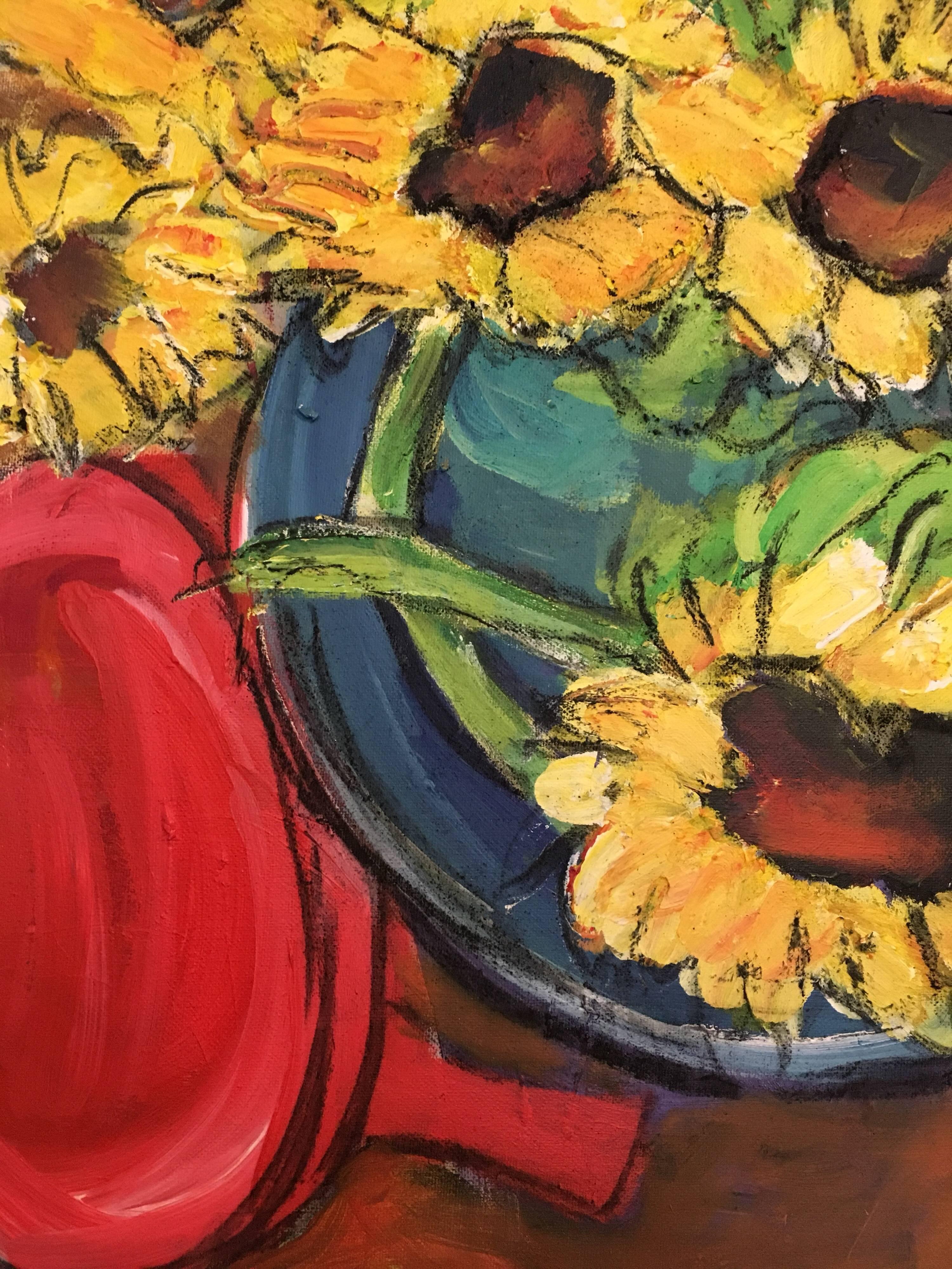 Sunflowers Close Up, Still Life, Oil Painting
by Pamela Cawley, British 20th century
oil painting on canvas, unframed
canvas: 20 x 16 inches 

Stunning original Impressionist oil painting by the 20th century British artist, Pamela Cawley. The work