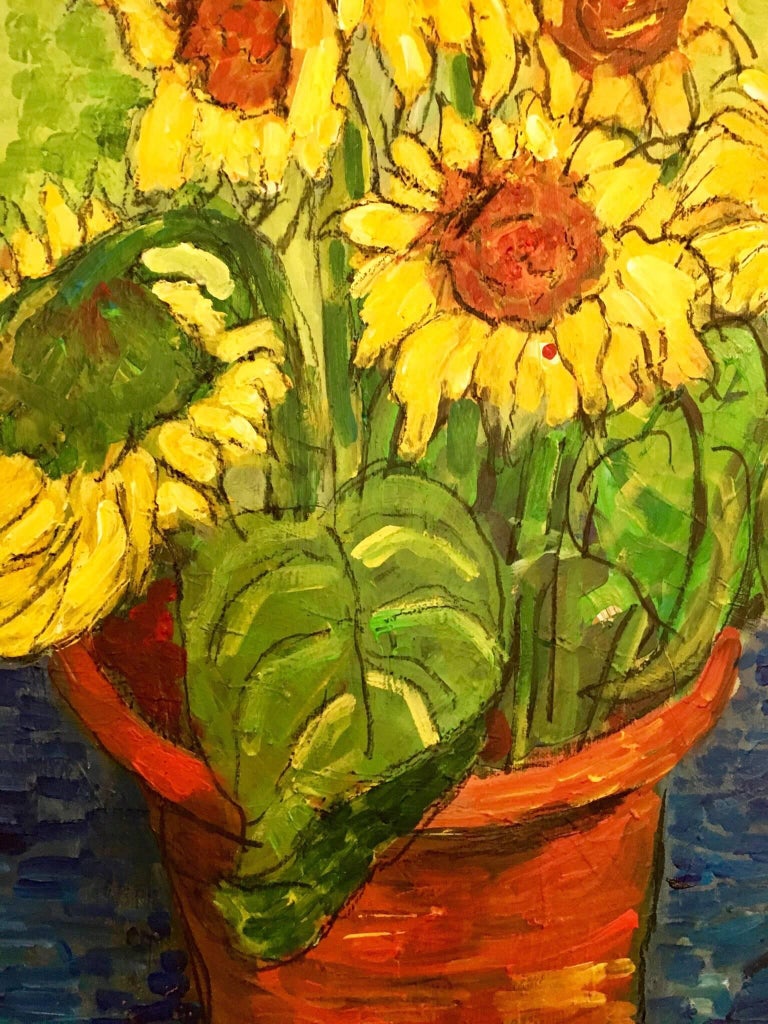 Sunflowers Growing in a Pot
by Pamela Cawley, British 20th century
oil painting on canvas, unframed

canvas: 23.5 x 19.75 inches 

Stunning original Impressionist oil painting by the 20th century British artist, Pamela Cawley. The work has excellent