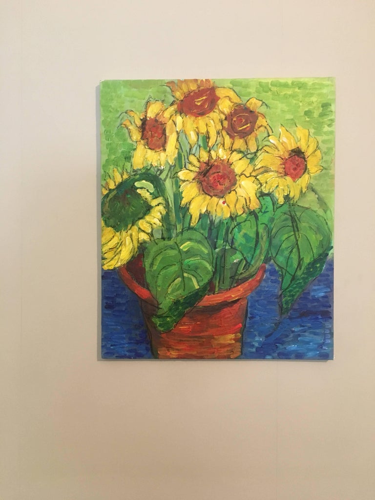 Sunflowers Growing in a Pot, Still Life Oil Painting British Artist For Sale 1