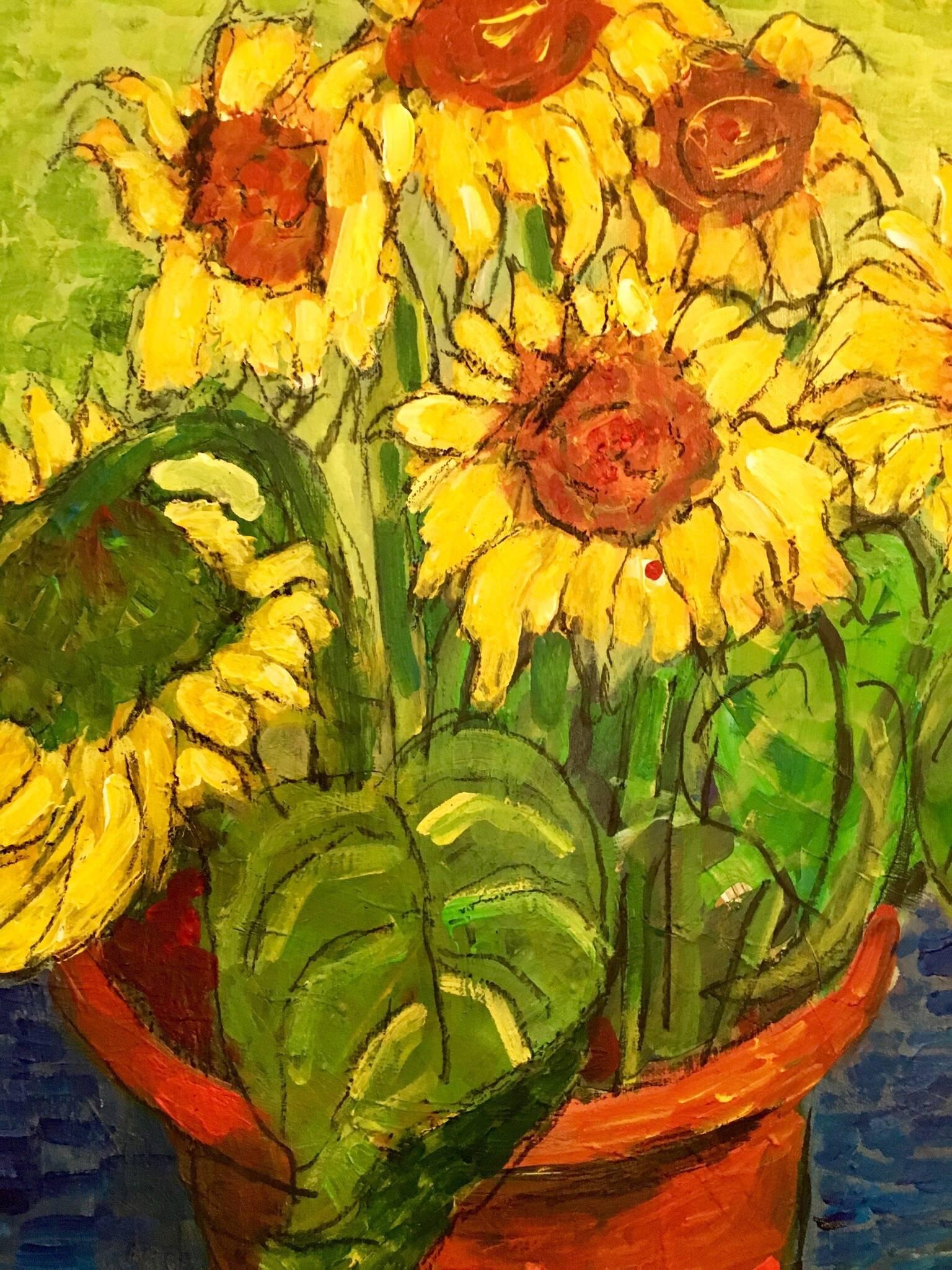 Sunflowers Growing in a Pot
by Pamela Cawley, British 20th century
oil painting on canvas, unframed

canvas: 23.5 x 19.75 inches 

Stunning original Impressionist oil painting by the 20th century British artist, Pamela Cawley. The work has excellent