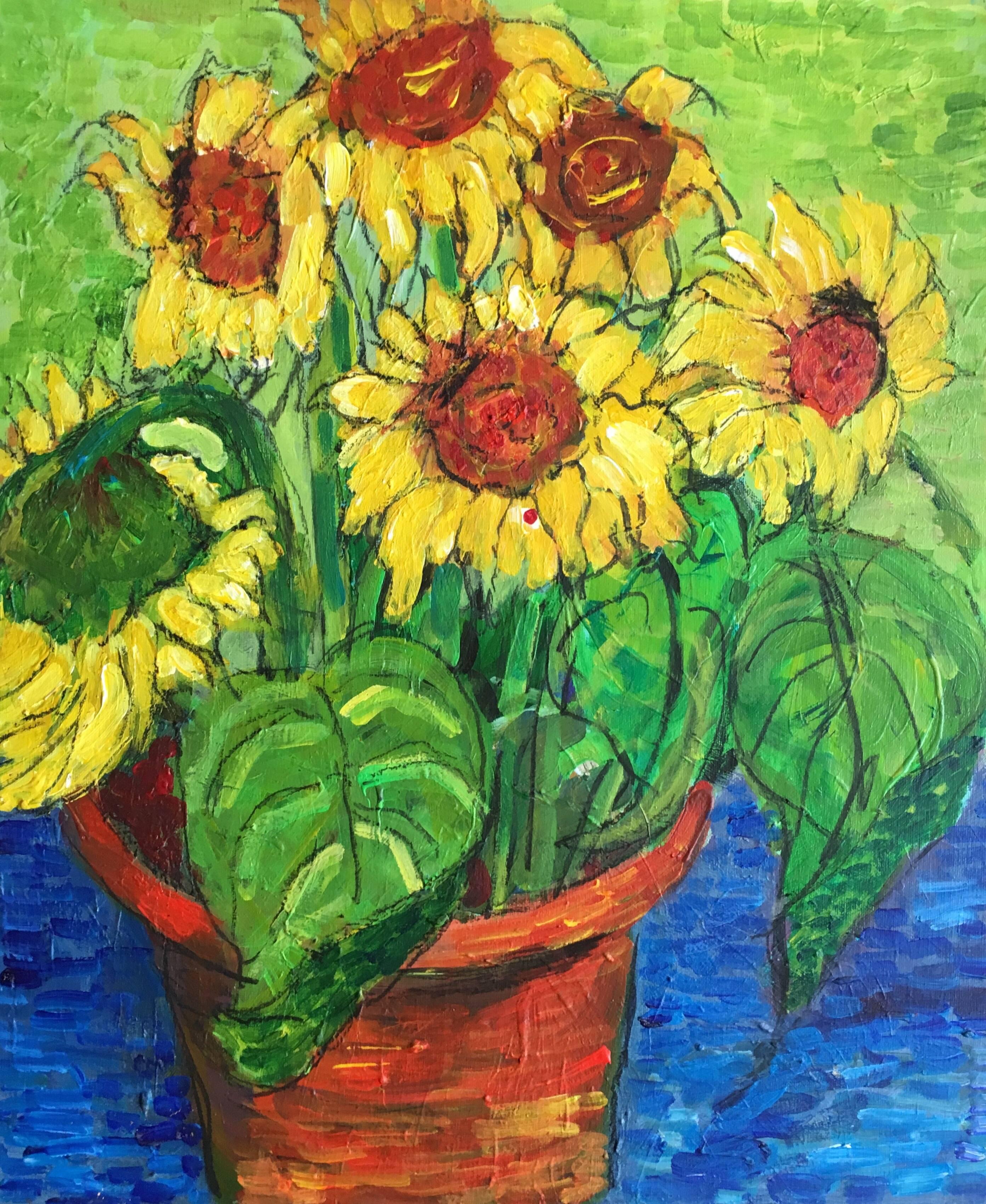 Sunflowers Growing in a Pot, Still Life Oil Painting British Artist