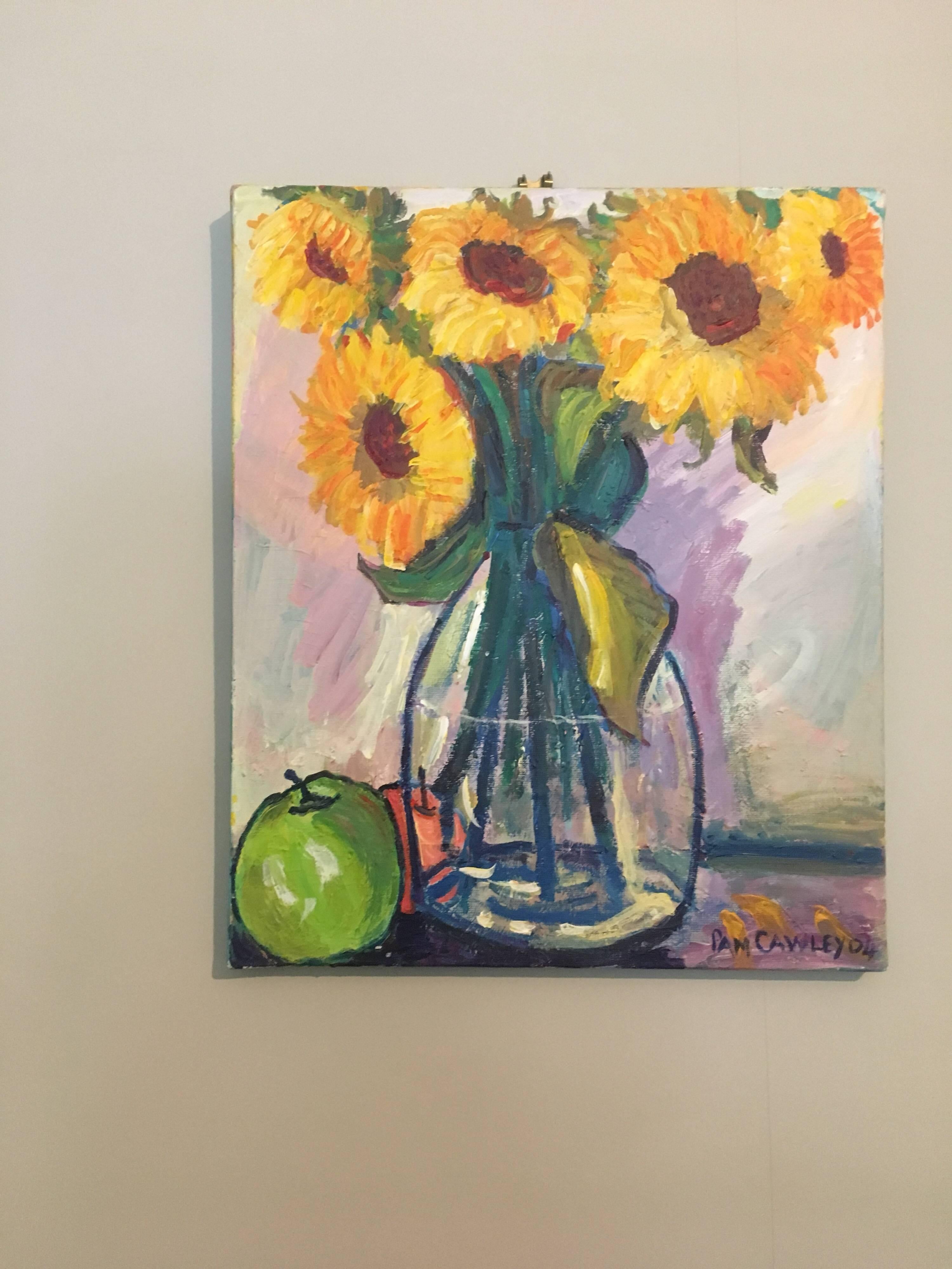 Peinture à l'huile signée Tournesols dans un vase - Painting de Pamela Cawley