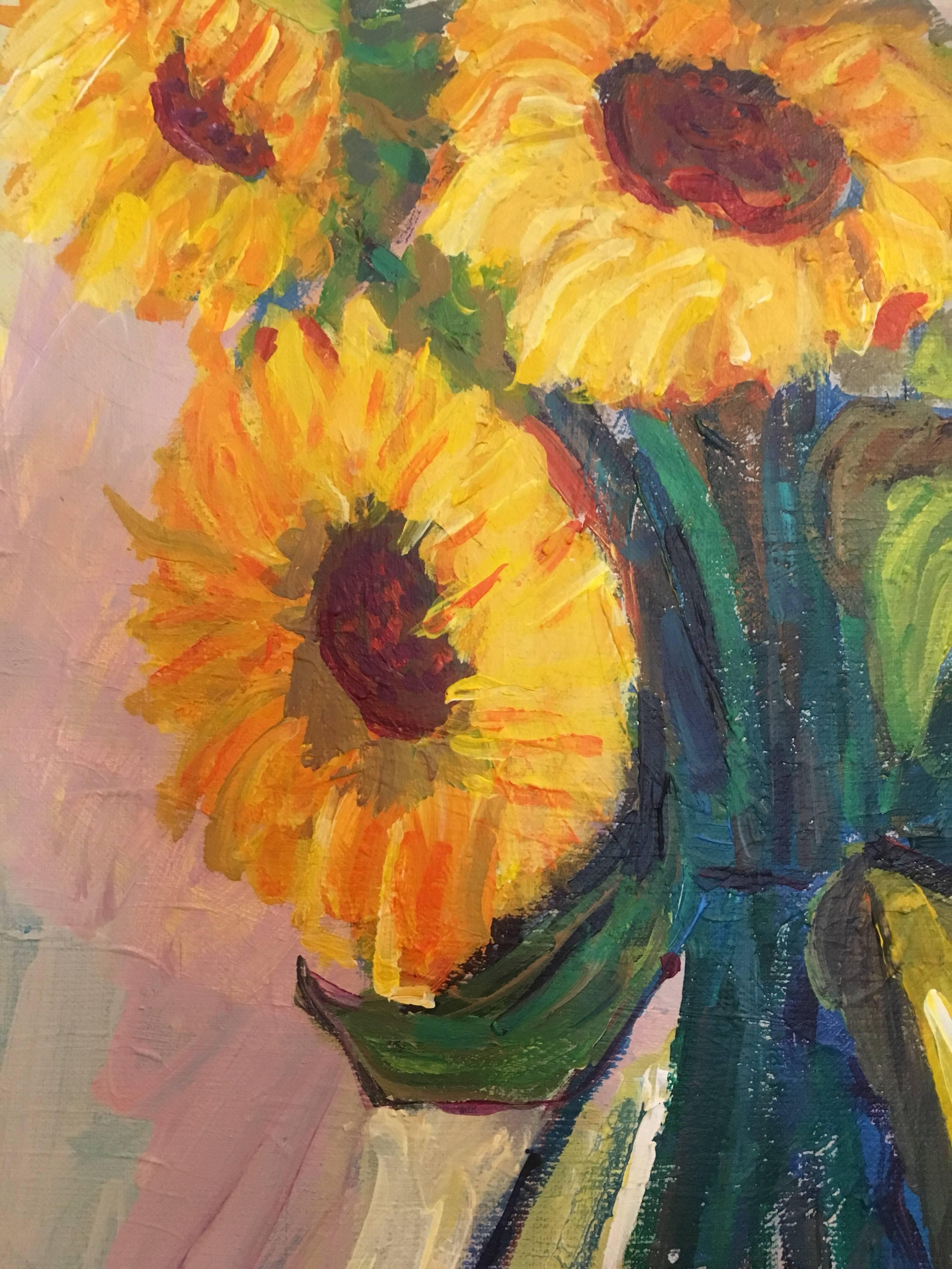 Sunflowers in a Vase, Signed Oil Painting - Brown Interior Painting by Pamela Cawley