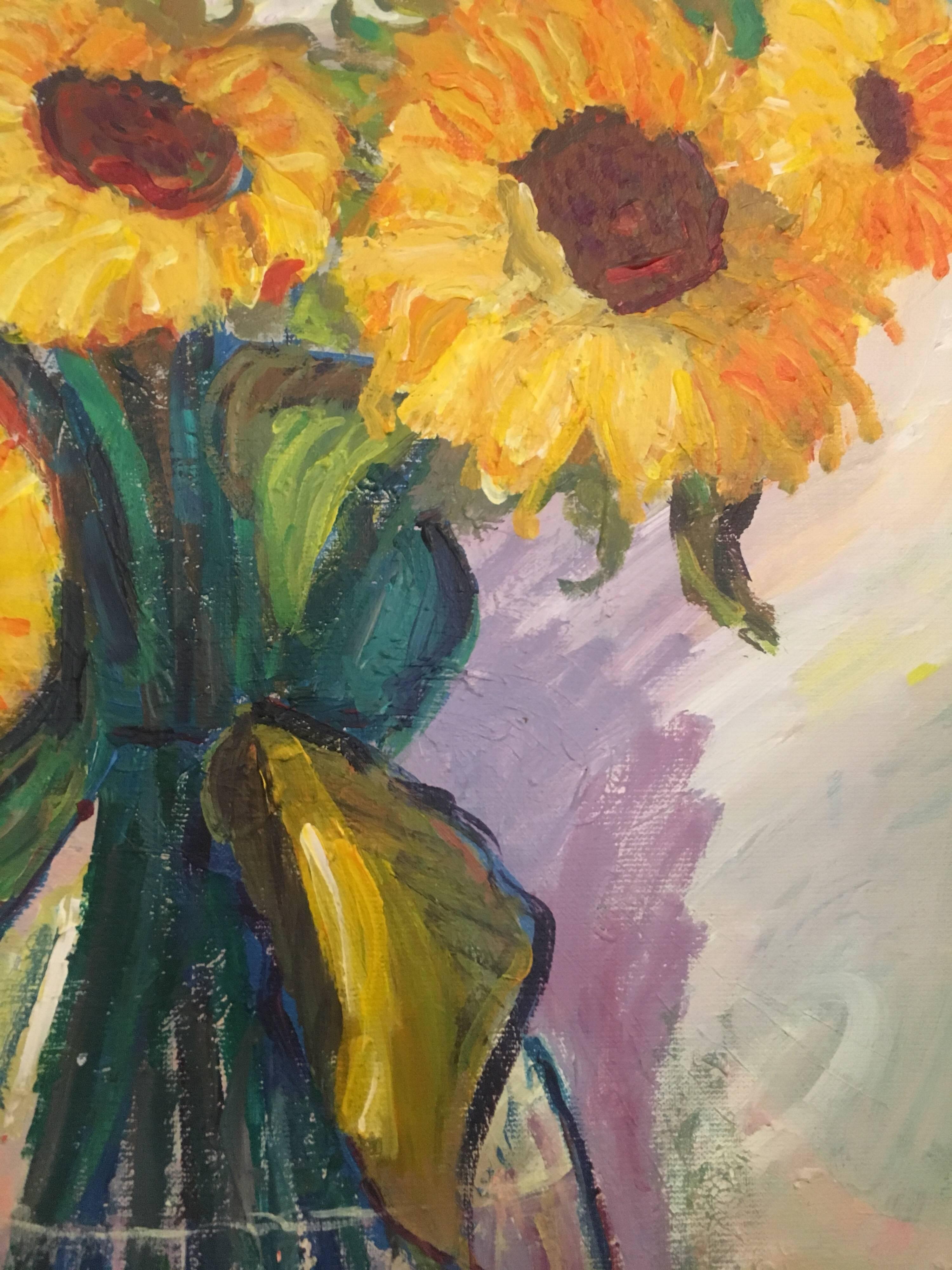 Sunflowers in a Vase, Signed Oil Painting
by Pamela Cawley, British 20th century
oil painting on canvas, unframed

canvas: 21.5 x 18 inches 

Stunning original Impressionist oil painting by the 20th century British artist, Pamela Cawley. The work