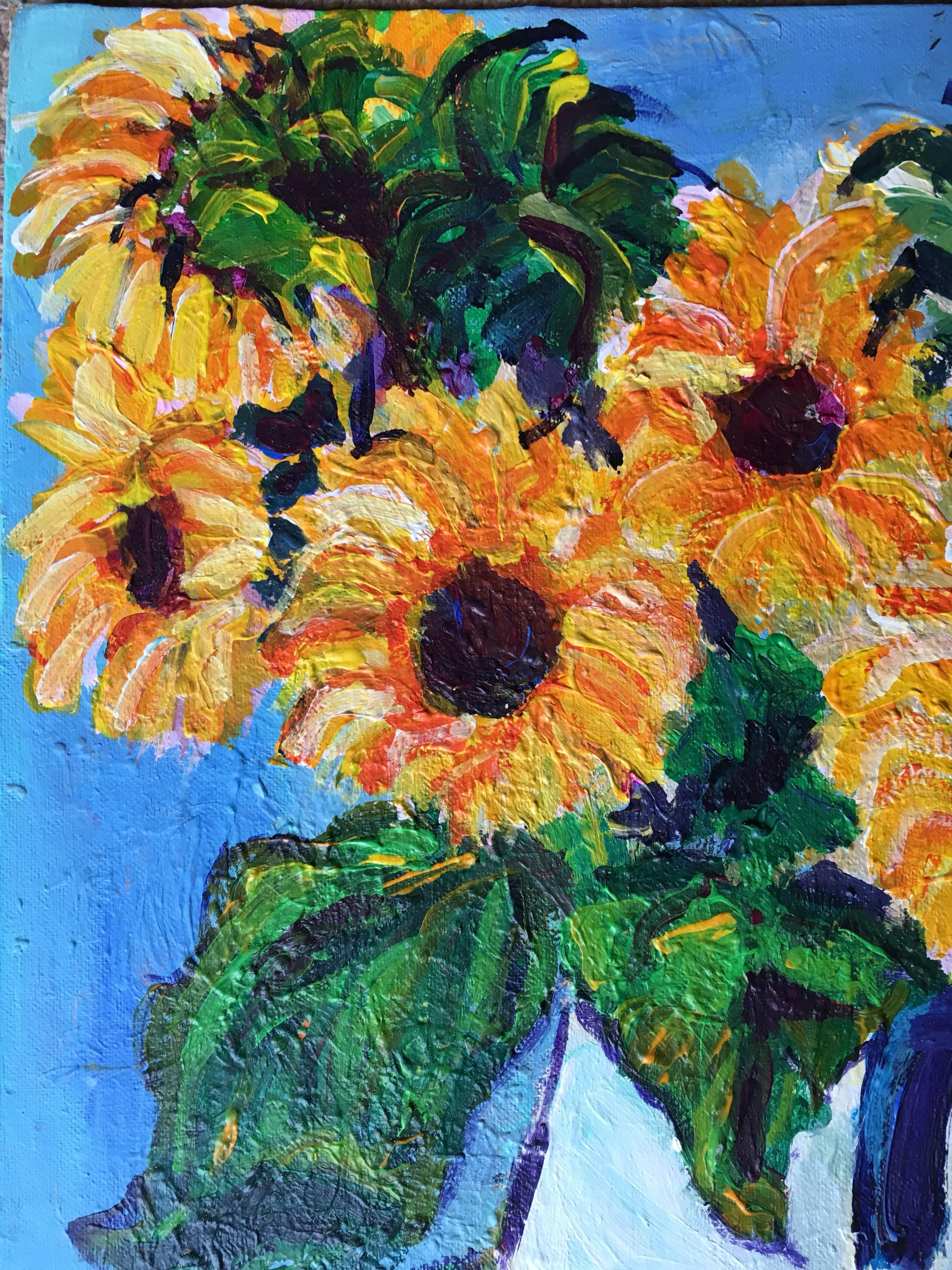 Sunflowers in Jug
Impressionist Oil Painting, Still Life
by Pamela Cawley, British 20th century
oil painting on board, unframed
board: 20 x 16 inches 

Stunning original Impressionist oil painting by the 20th century British artist, Pamela Cawley.