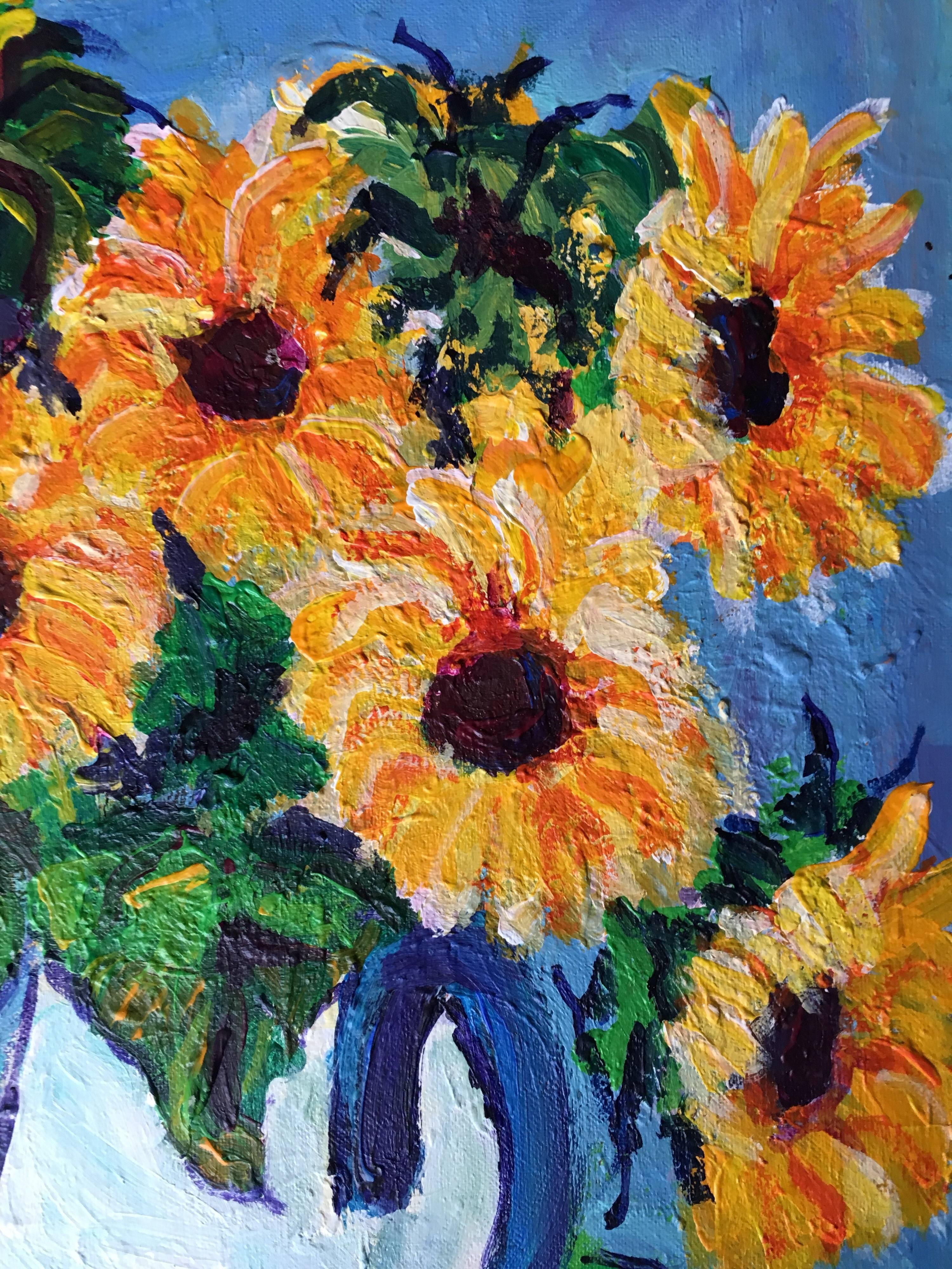 Sunflowers in Enamel Jug Impressionist Oil Painting, Still Life 1