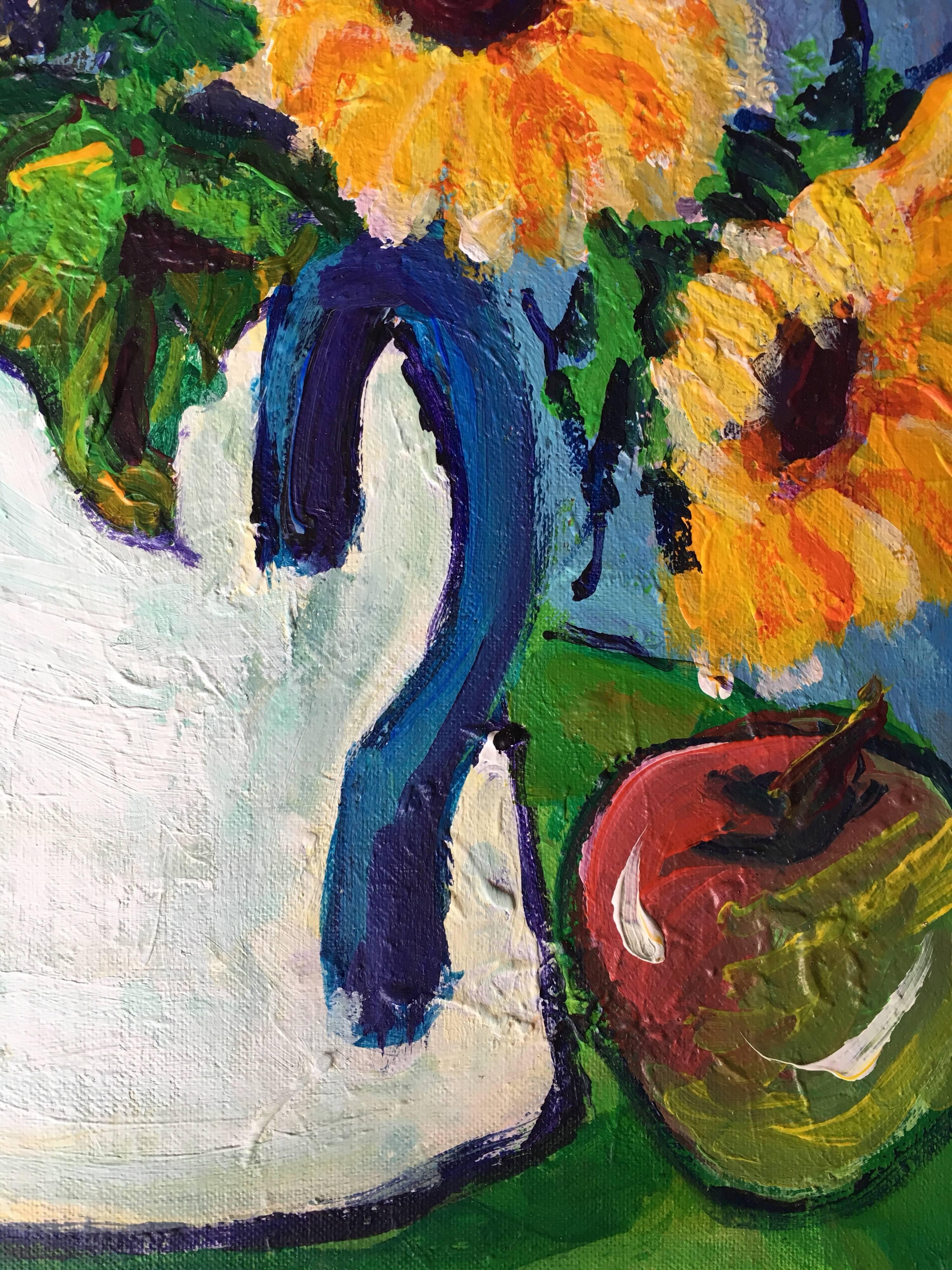 Sunflowers in Enamel Jug Impressionist Oil Painting, Still Life 2