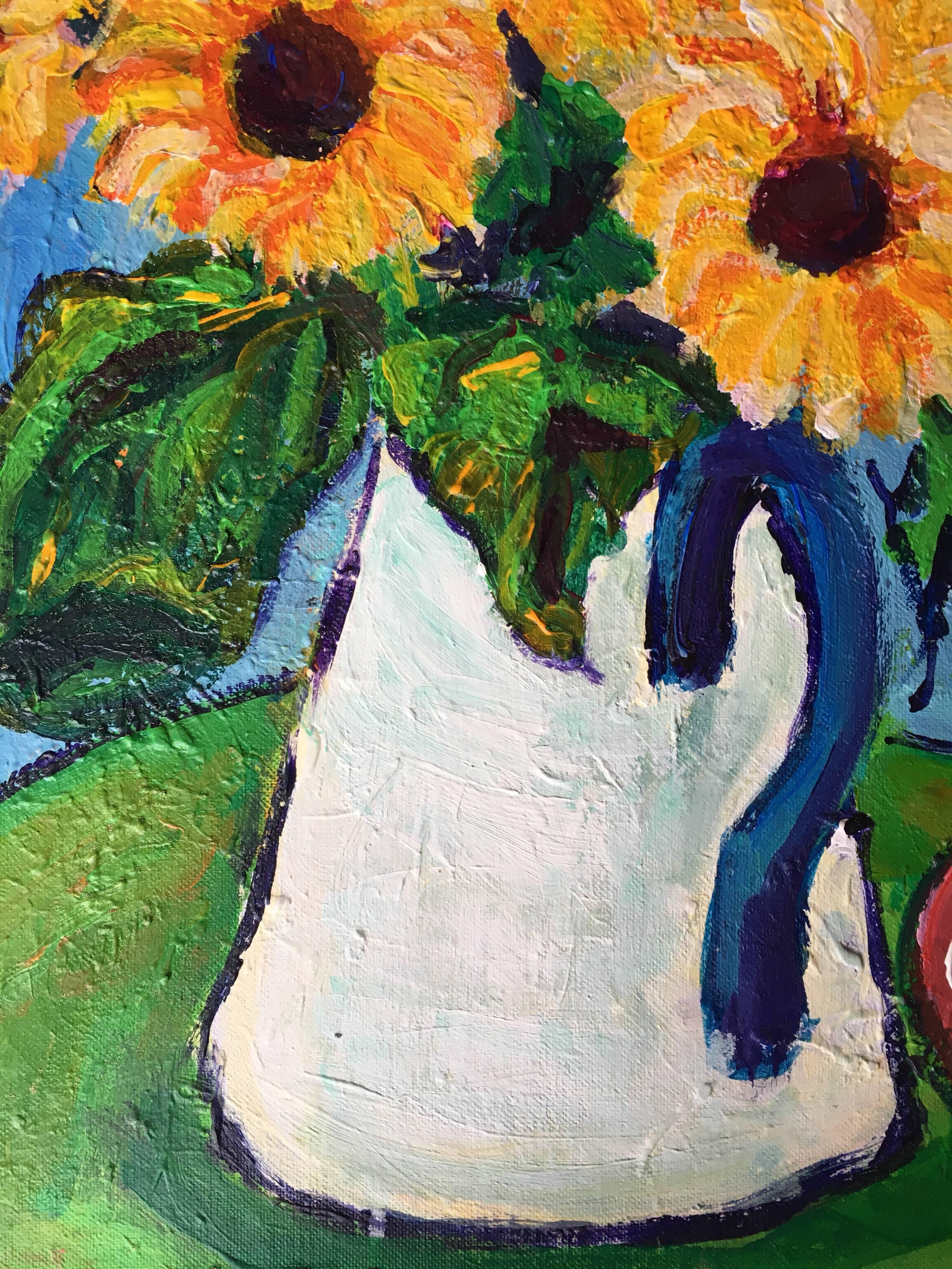 Sunflowers in Enamel Jug Impressionist Oil Painting, Still Life 3