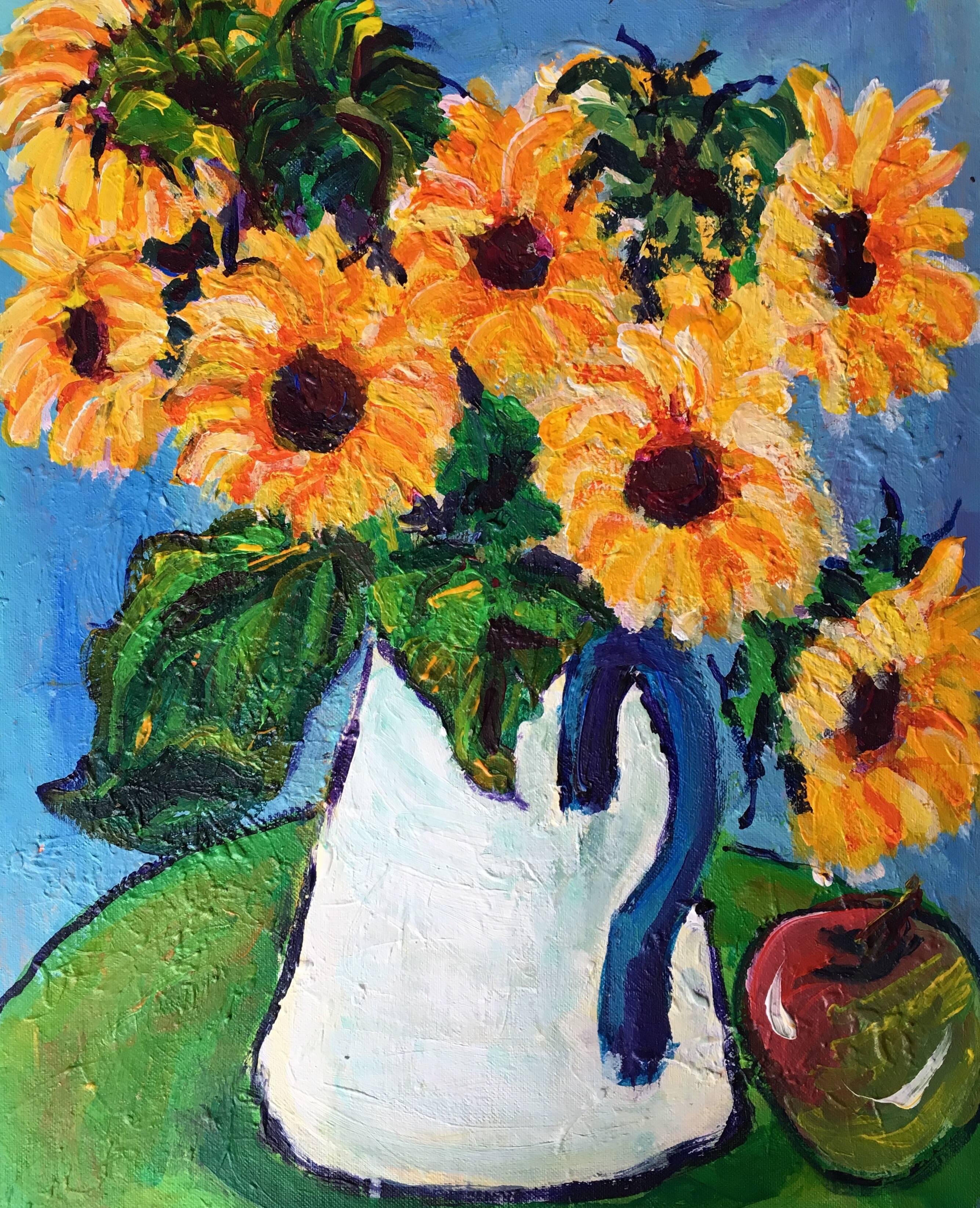Pamela Cawley Still-Life Painting - Sunflowers in Enamel Jug Impressionist Oil Painting, Still Life