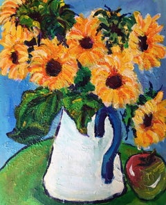 Sunflowers in Enamel Jug Impressionist Oil Painting, Still Life