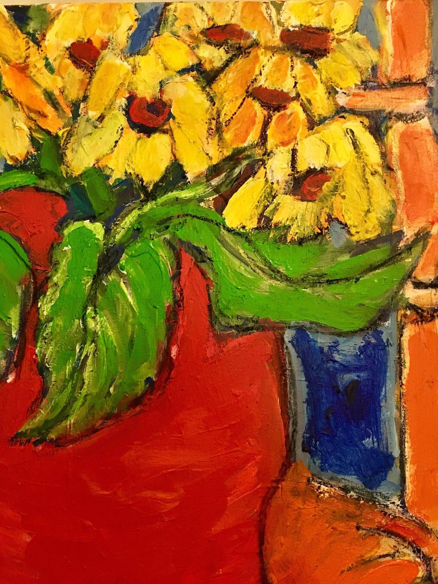 Sonnenblumen Stillleben Impressionistisches Ölgemälde, britischer Künstler – Painting von Pamela Cawley