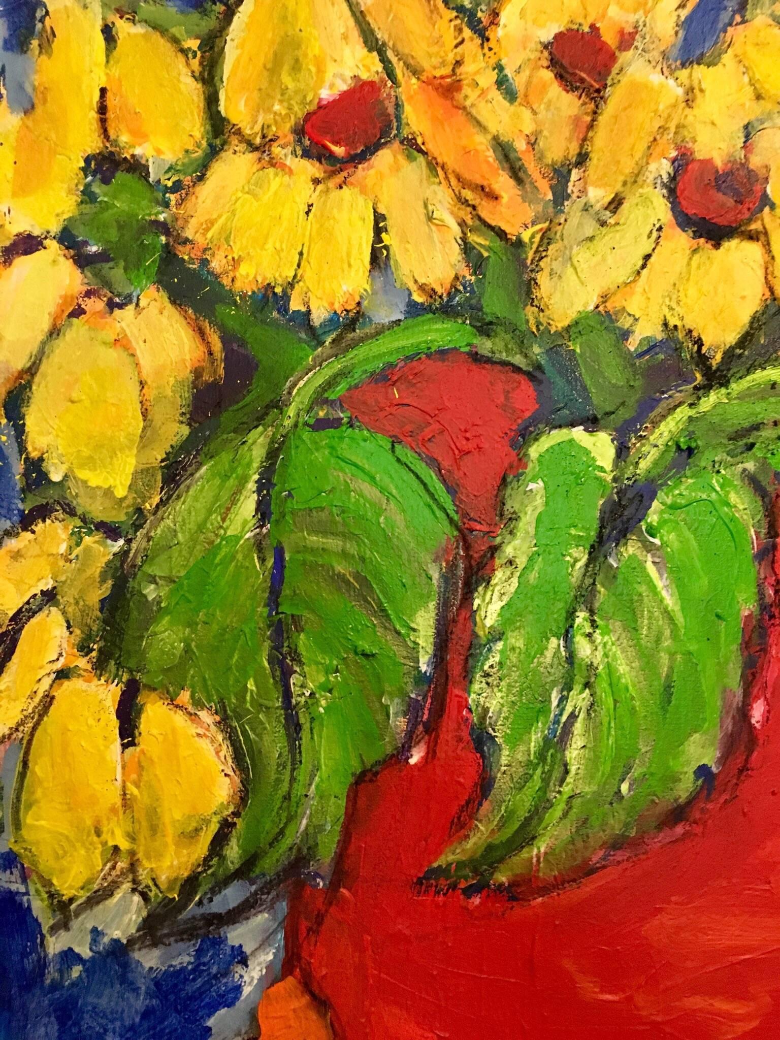 Sonnenblumen Stillleben Impressionistisches Ölgemälde, britischer Künstler (Impressionismus), Painting, von Pamela Cawley
