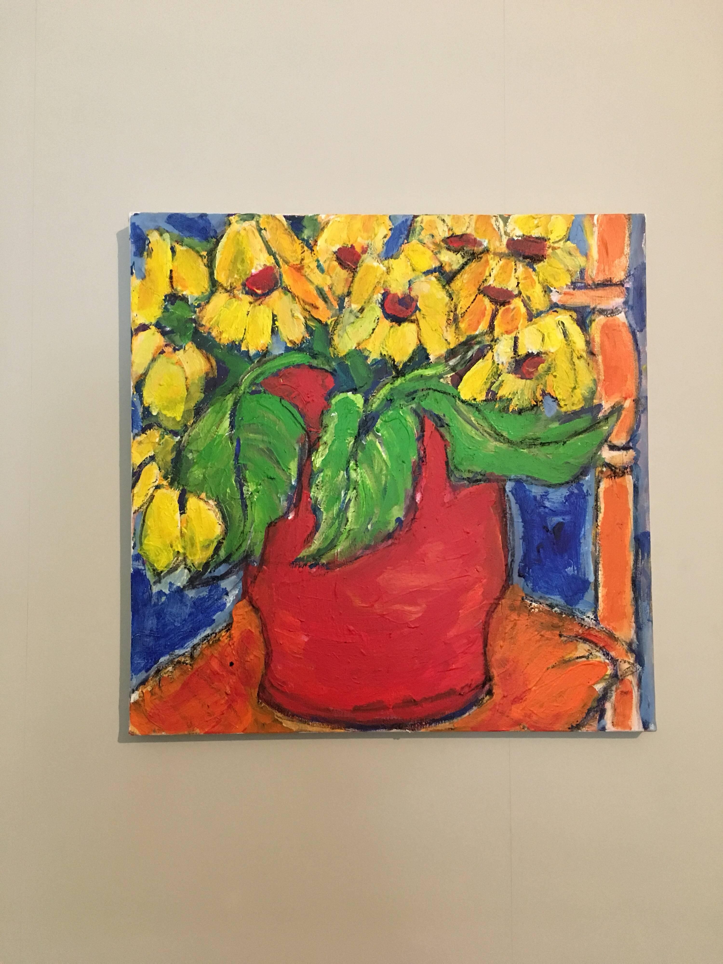 Sonnenblumen Stillleben Impressionistisches Ölgemälde, britischer Künstler (Orange), Still-Life Painting, von Pamela Cawley
