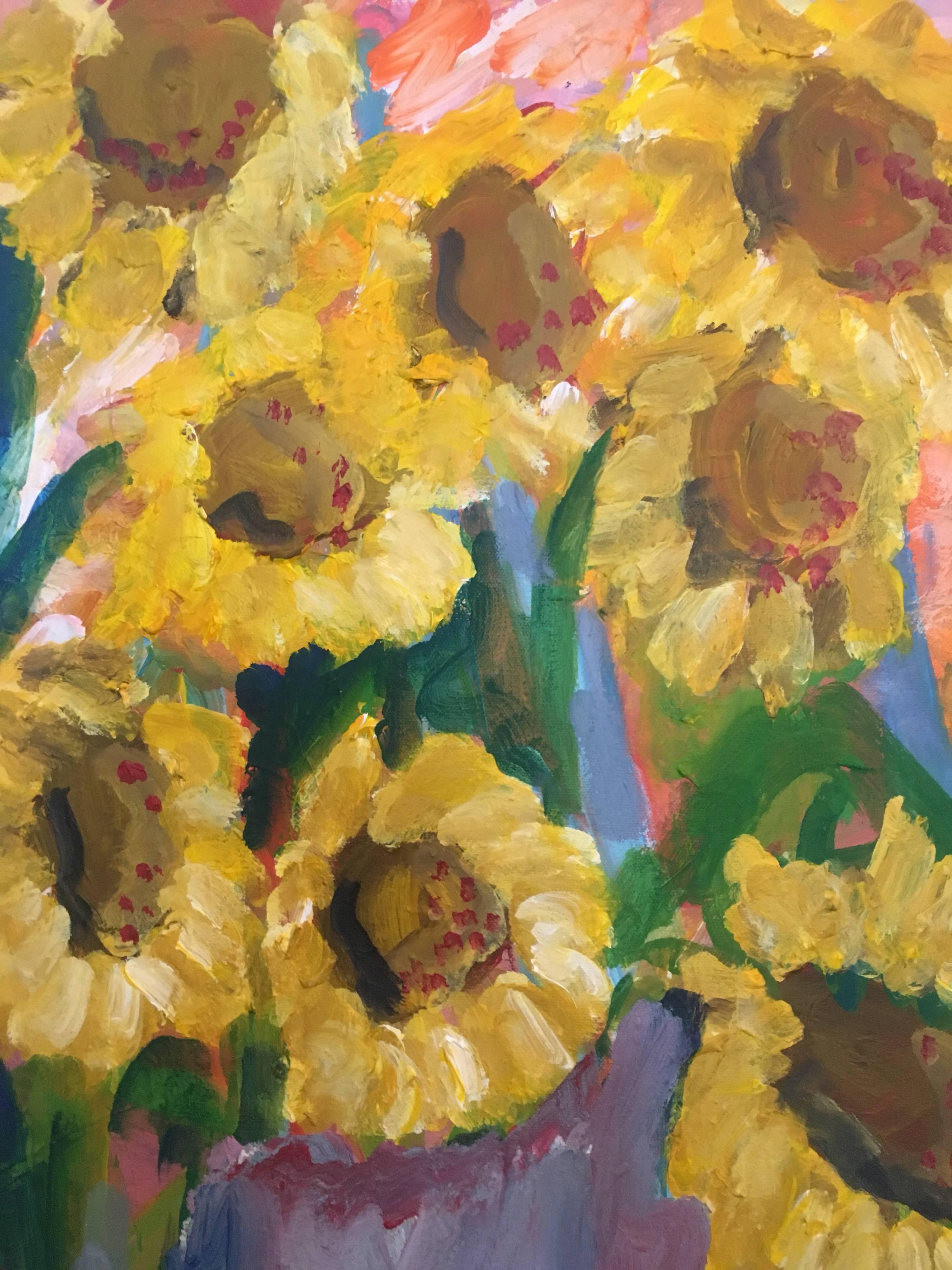 Sunflowers Still Life Oil Painting, British Artist - Brown Still-Life Painting by Pamela Cawley