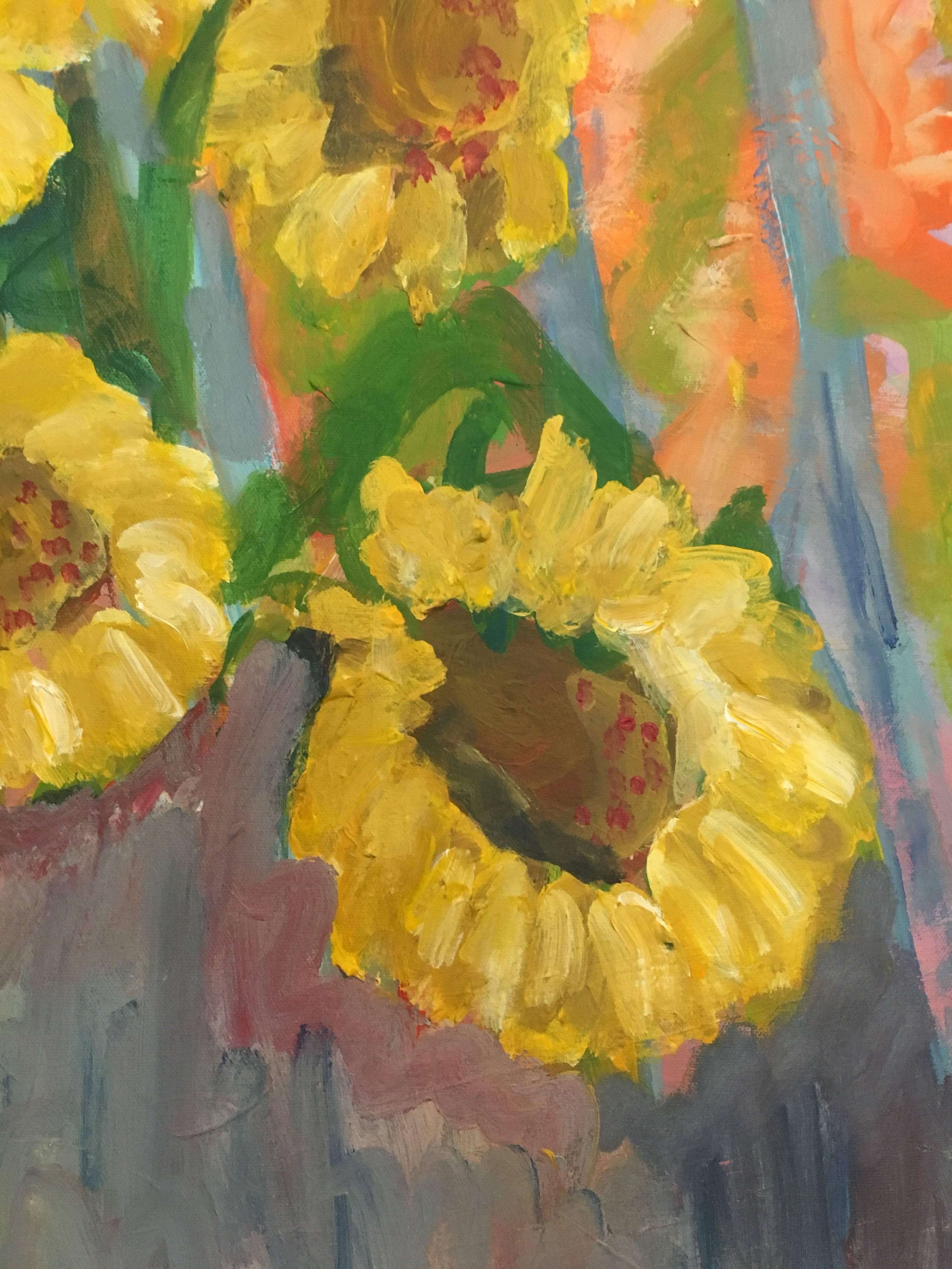 Sunflowers, Still Life Oil Painting, British Artist
by Pamela Cawley, British 20th century
oil painting on canvas, unframed

canvas: 20 x 24 inches 

Stunning original Impressionist oil painting by the 20th century British artist, Pamela Cawley. The
