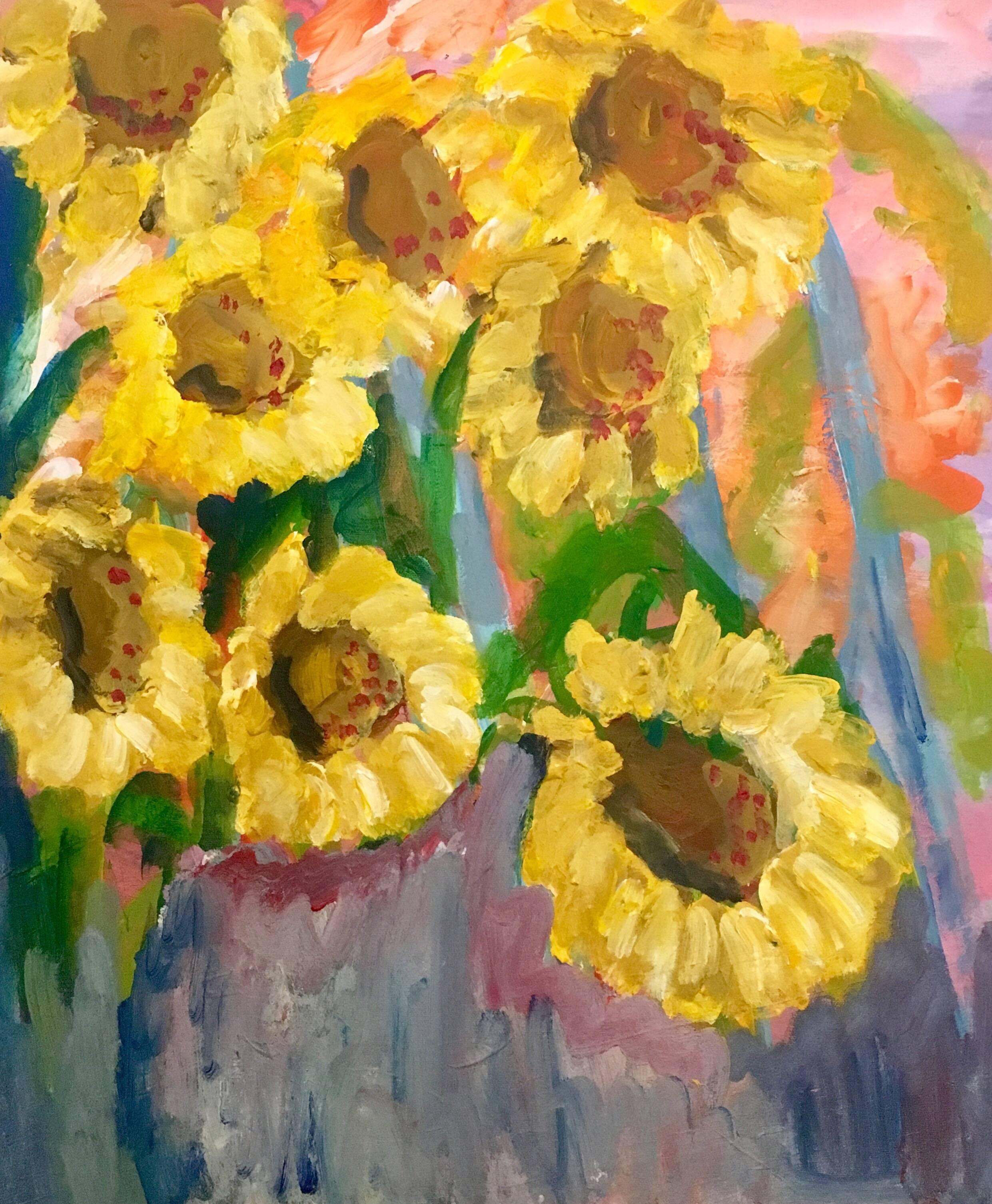 Pamela Cawley Still-Life Painting - Sunflowers Still Life Oil Painting, British Artist