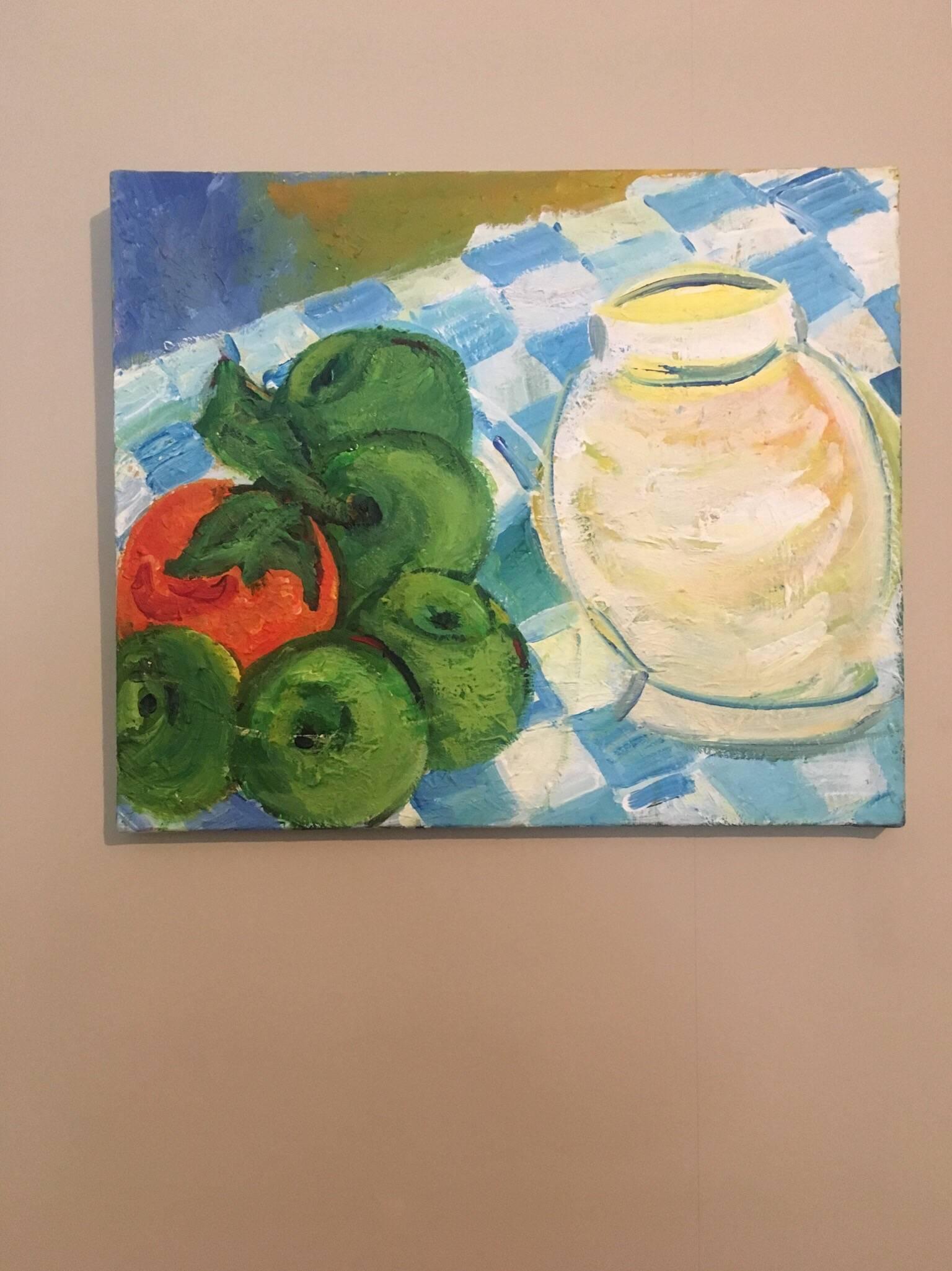 Tomaten auf einem Tisch, Stillleben, Ölgemälde – Painting von Pamela Cawley