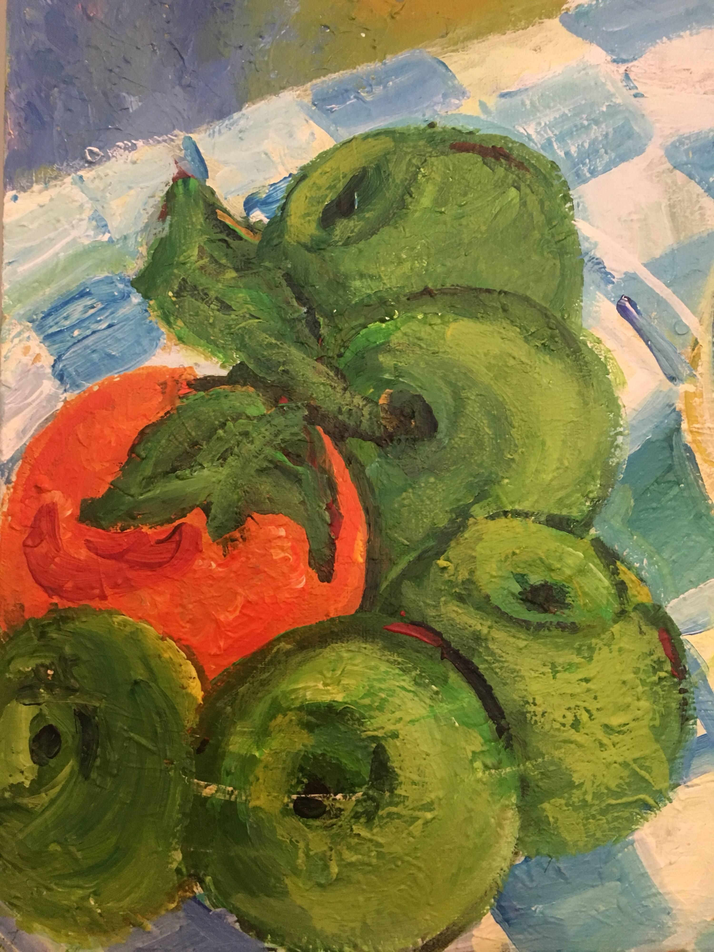 Tomaten auf einem Tisch, Stillleben, Ölgemälde (Impressionismus), Painting, von Pamela Cawley