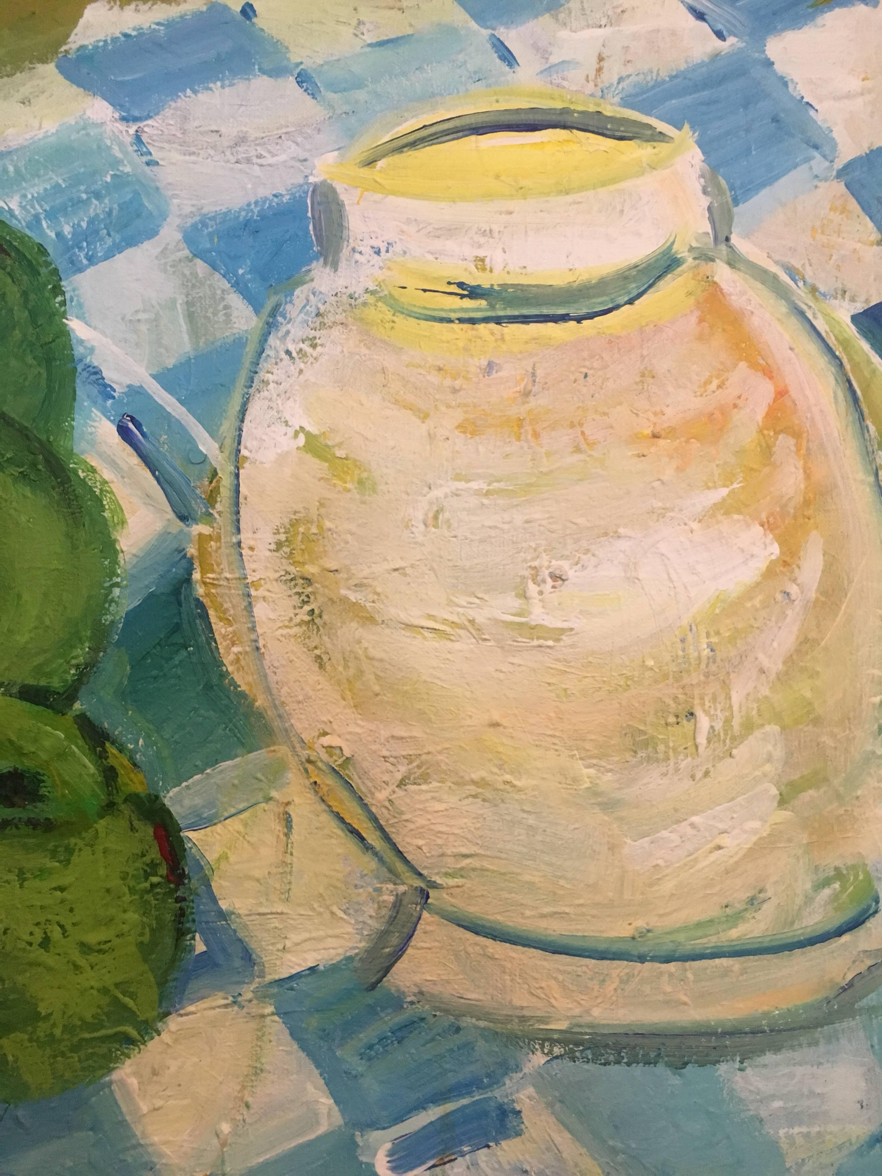 Tomaten auf einem Tisch, Stillleben, Ölgemälde (Beige), Interior Painting, von Pamela Cawley