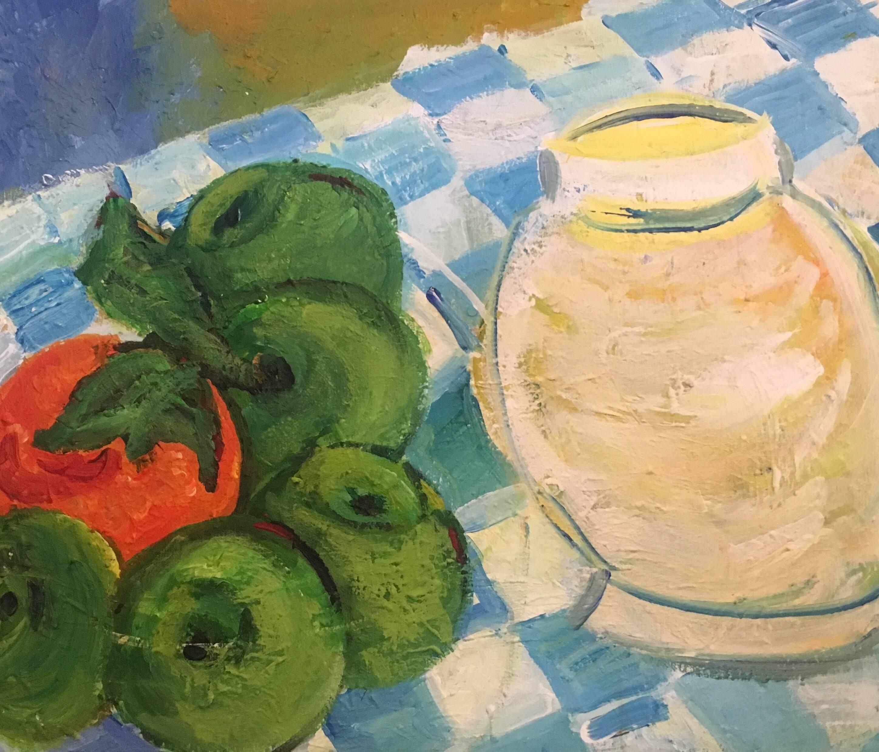 Pamela Cawley Interior Painting – Tomaten auf einem Tisch, Stillleben, Ölgemälde