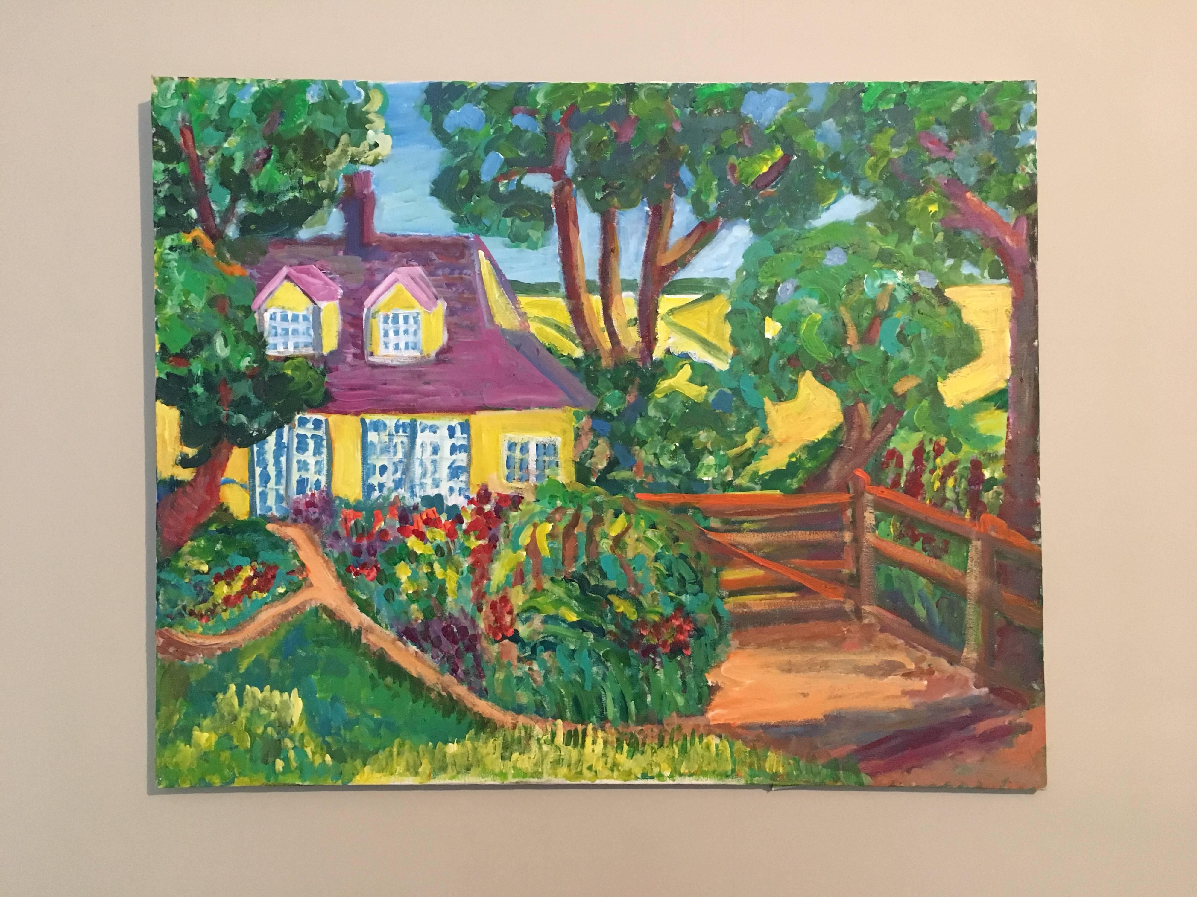 Yellow Cottage, Landscape, British Artist - Painting by Pamela Cawley