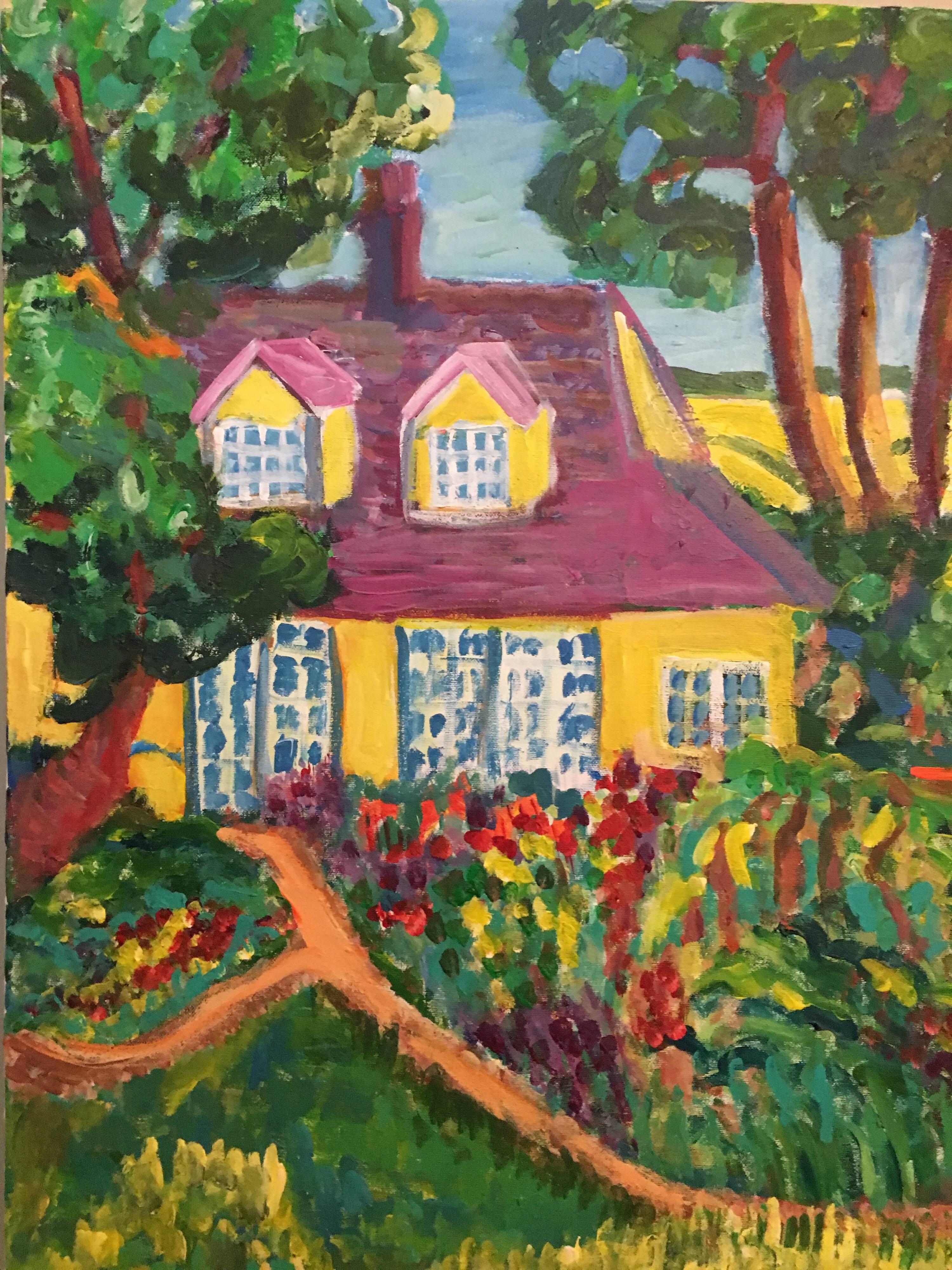 Yellow Cottage, Landscape, British Artist - Impressionist Painting by Pamela Cawley
