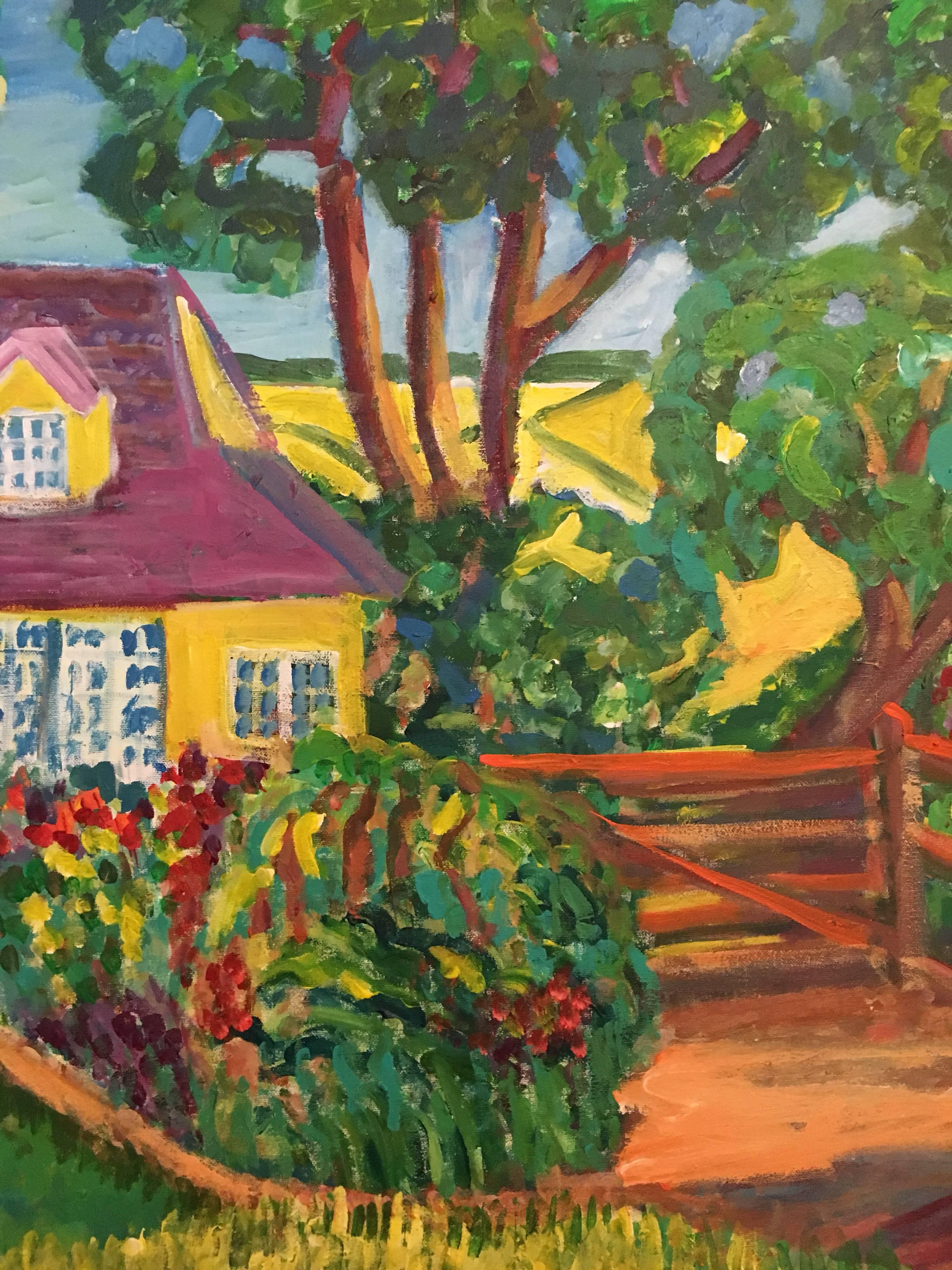 Yellow Cottage, Landscape, British Artist
by Pamela Cawley, British 20th century
oil painting on canvas, unframed
canvas: 31.5 x 39.5 inches 

Stunning original Impressionist oil painting by the 20th century British artist, Pamela Cawley. The work