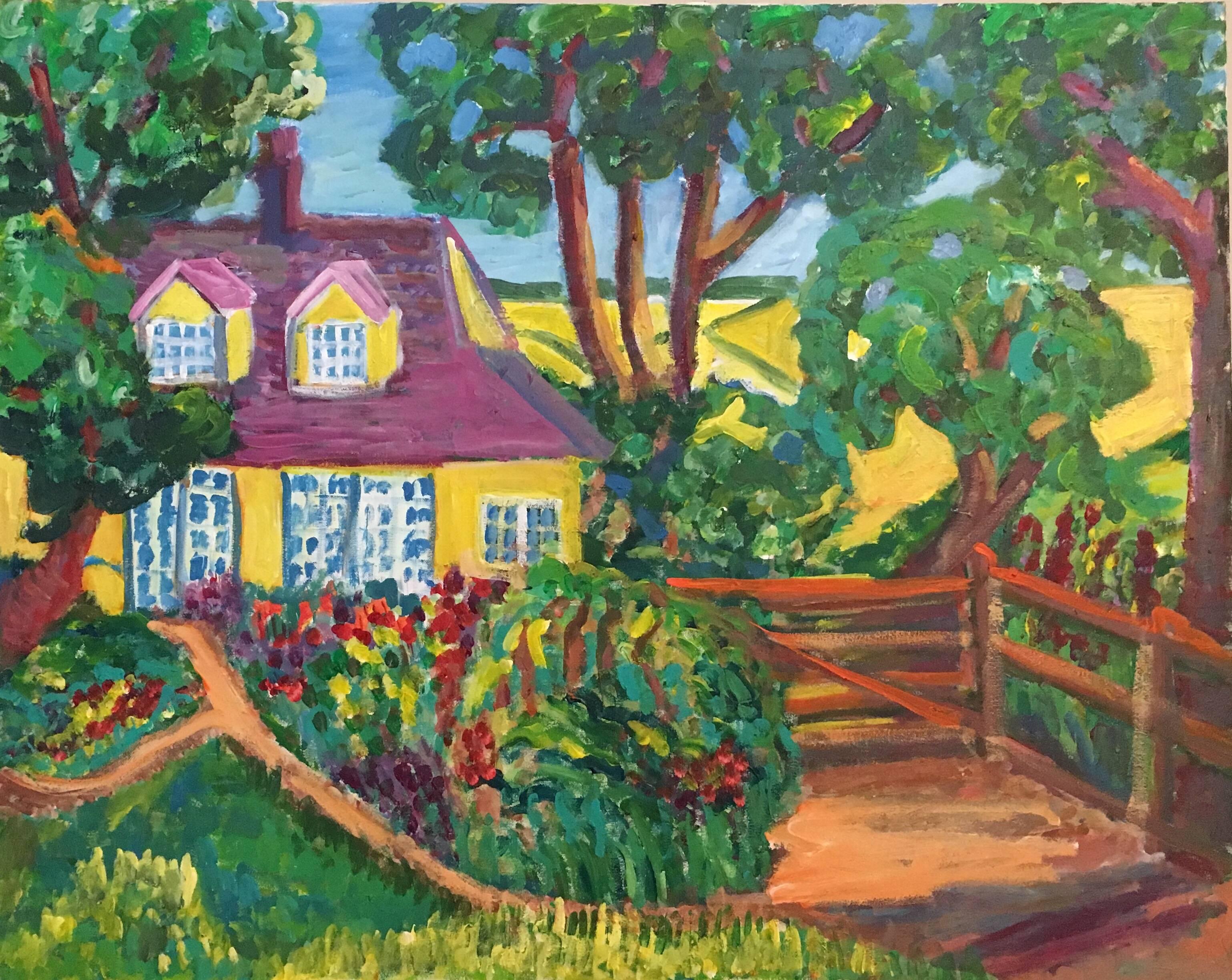 Pamela Cawley Still-Life Painting - Yellow Cottage, Landscape, British Artist